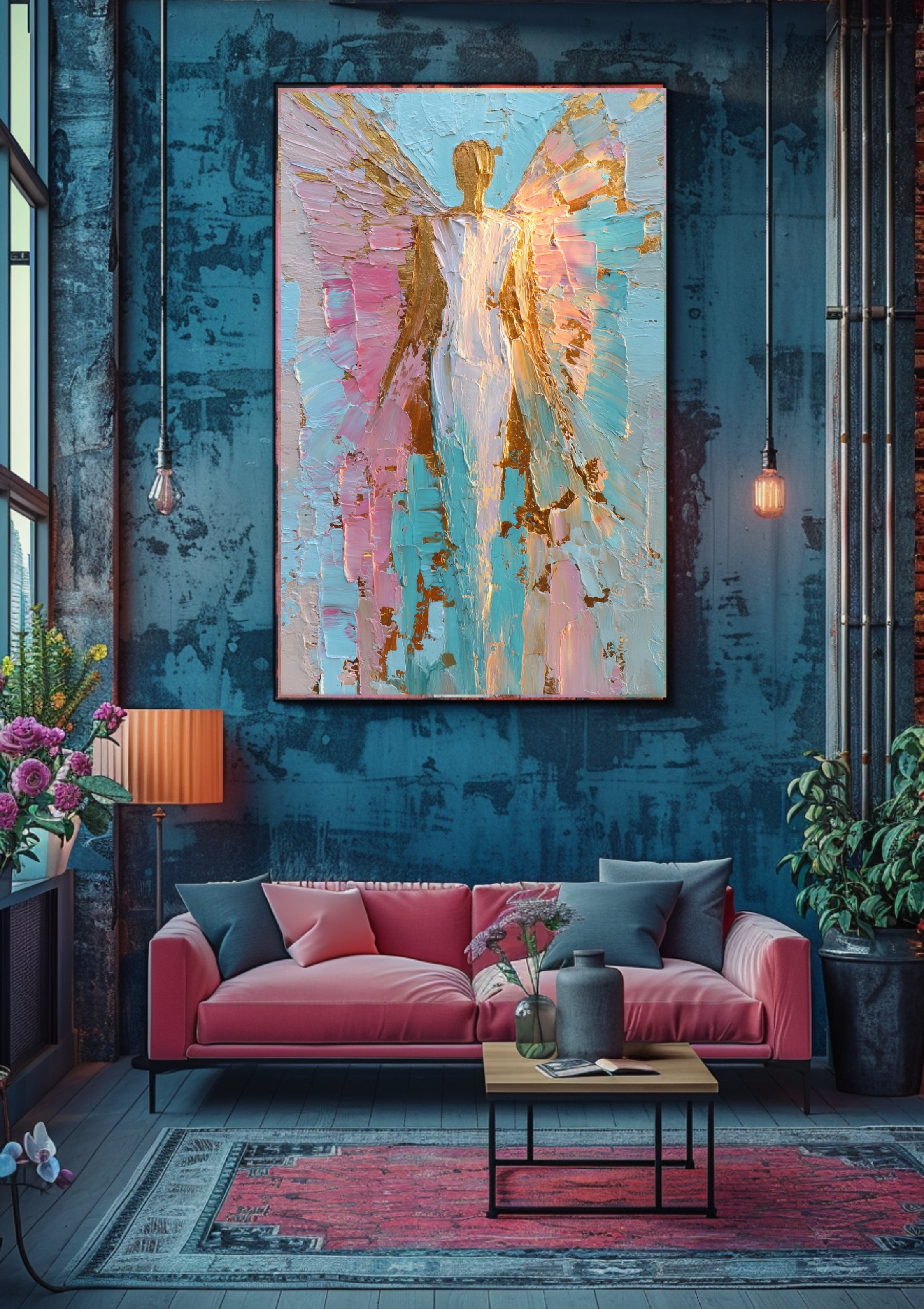 Poster-Engel Wandbild Türkis Gold – Premium Poster moderne Wandkunst Boho Stil