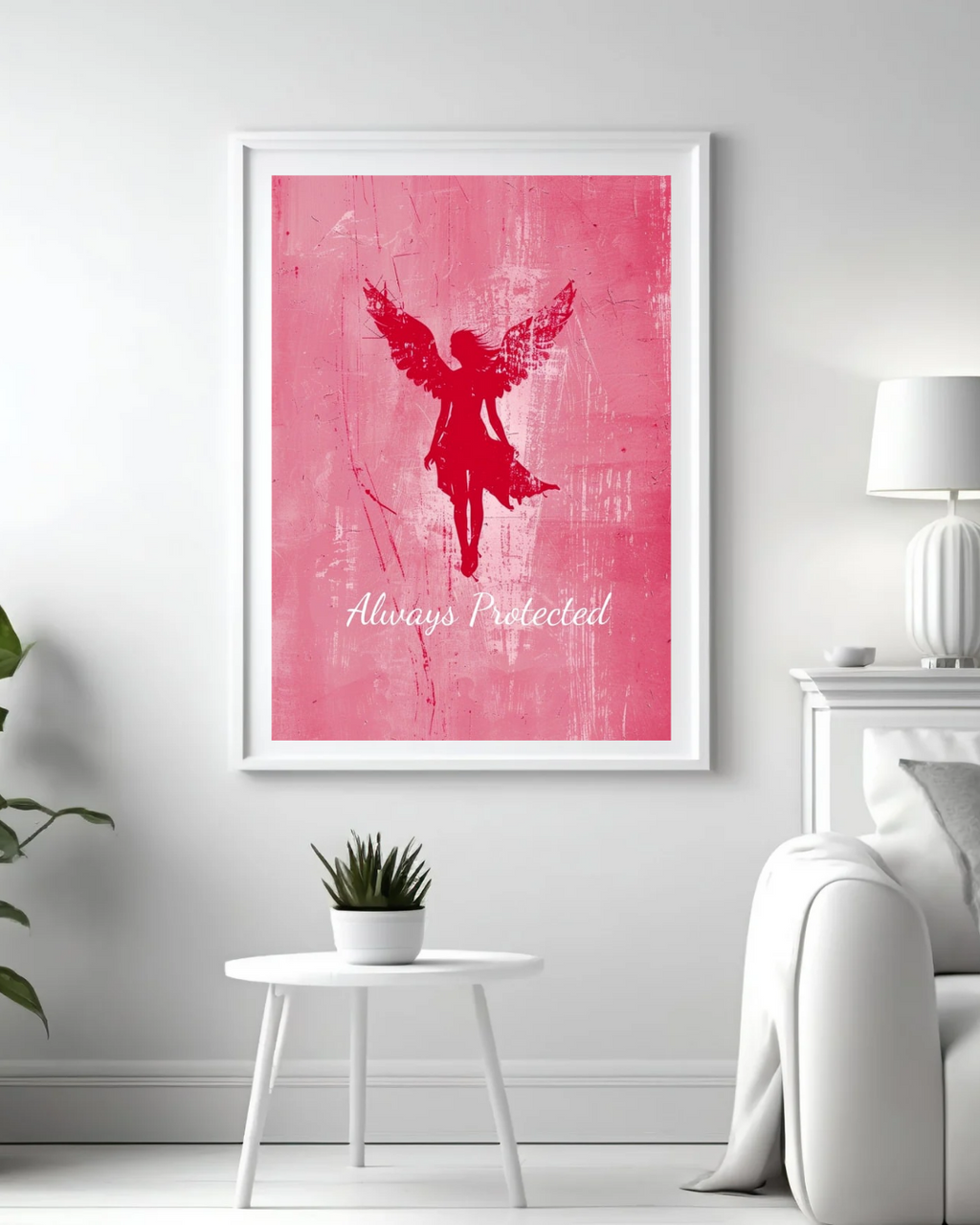 Engel Poster Rosa - Schutzengel Wandbild für Schlafzimmer - Spirituelles Poster Always Protected - Meditation Wanddeko - Physisches Poster