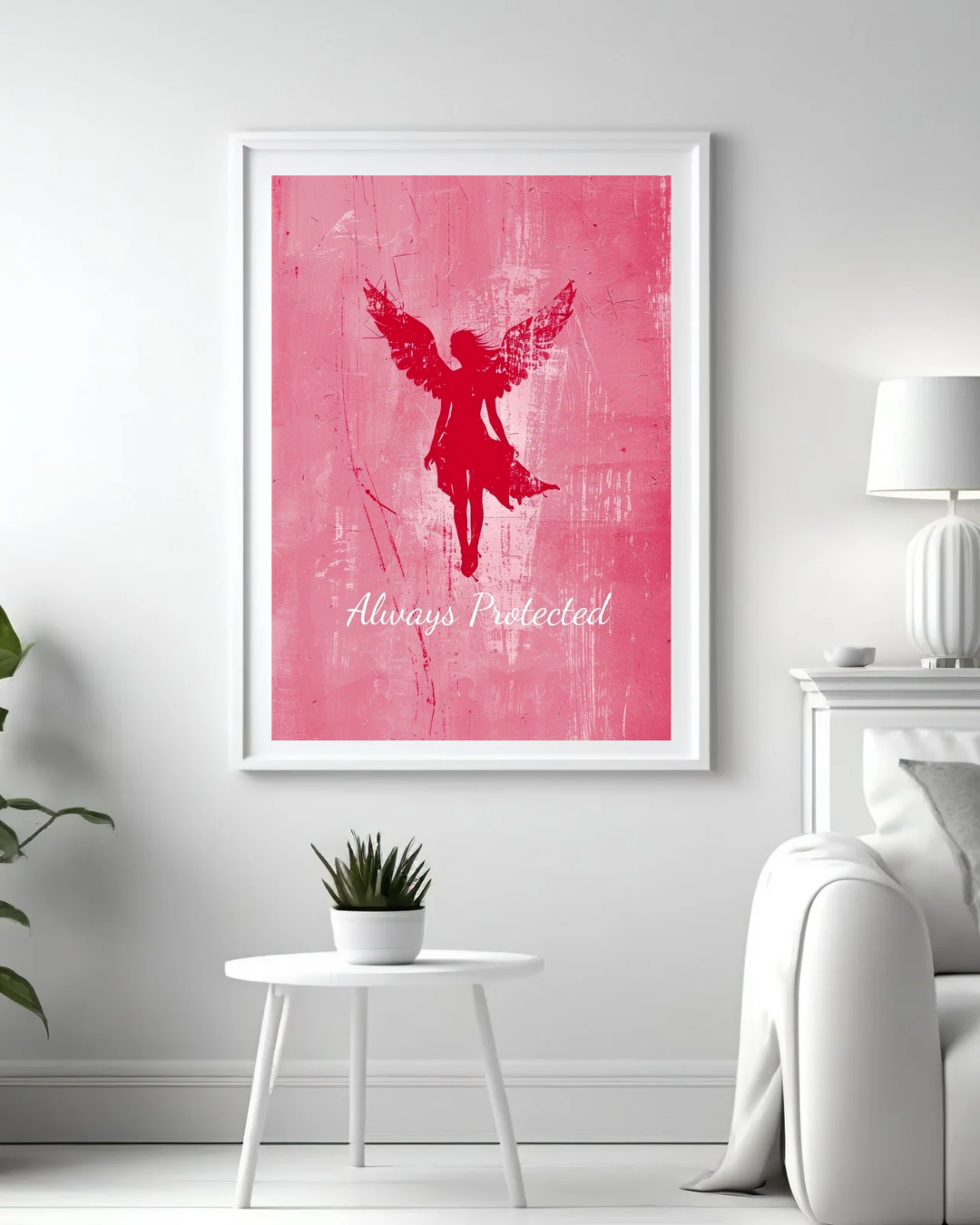 Engel Poster Rosa - Schutzengel Wandbild für Schlafzimmer - Spirituelles Poster Always Protected - Meditation Wanddeko - Physisches Poster
