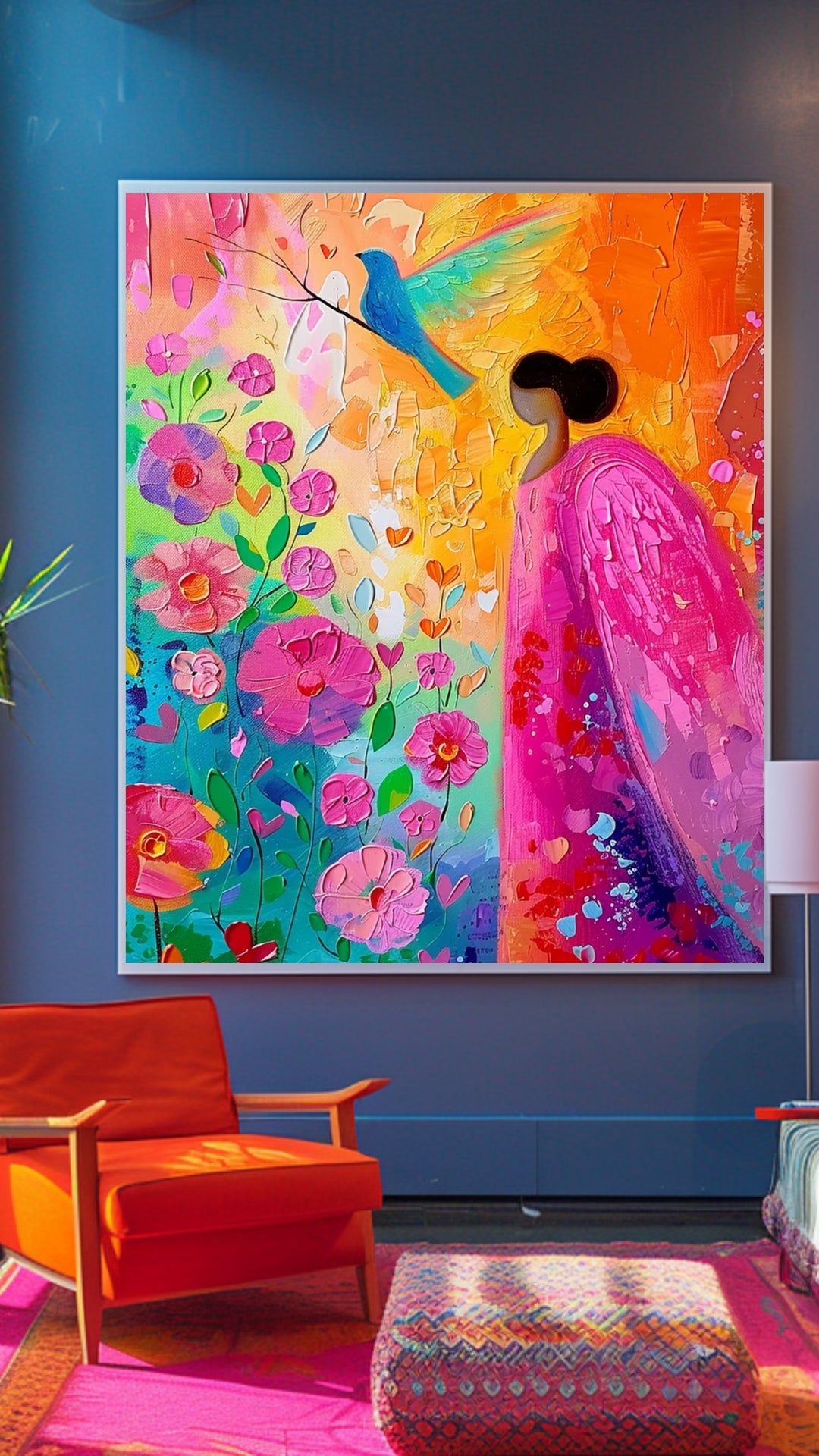 Poster-Bunte Engel Kunst Poster Print – Abstraktes Blumen & Vogel Motiv – Vintage Wandbild