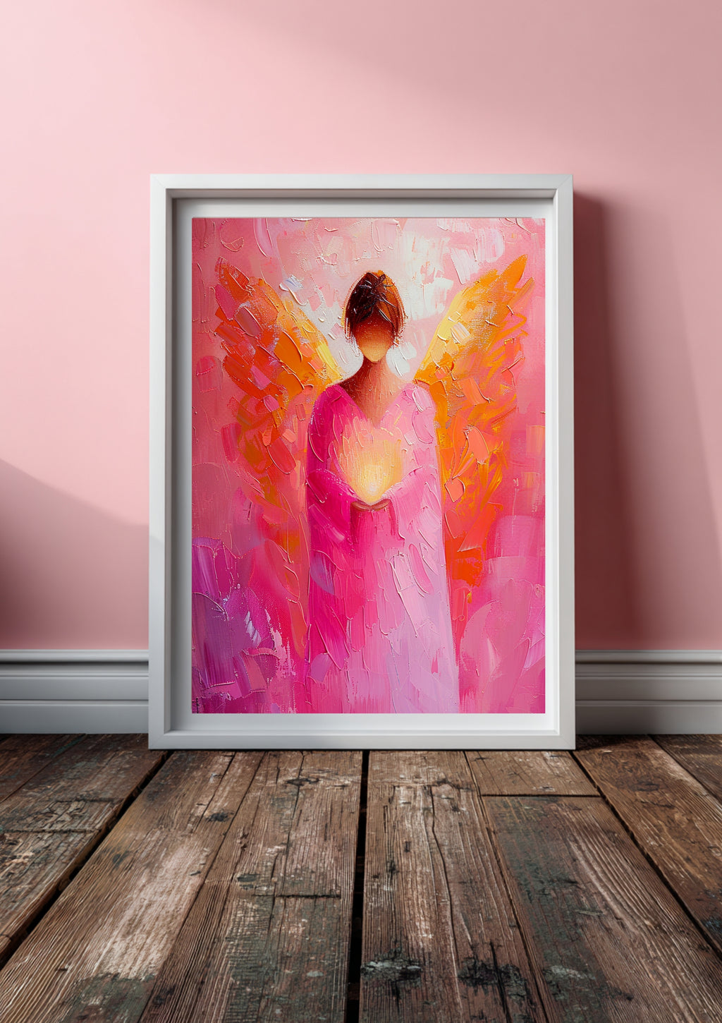 Erzengel Chamuel Poster - Rosa Engelskunst – Chamuel Wandbild – Spirituelle Herzenergie Kunst – Himmlische Kunst – Engelsbild Leinwand 2:3