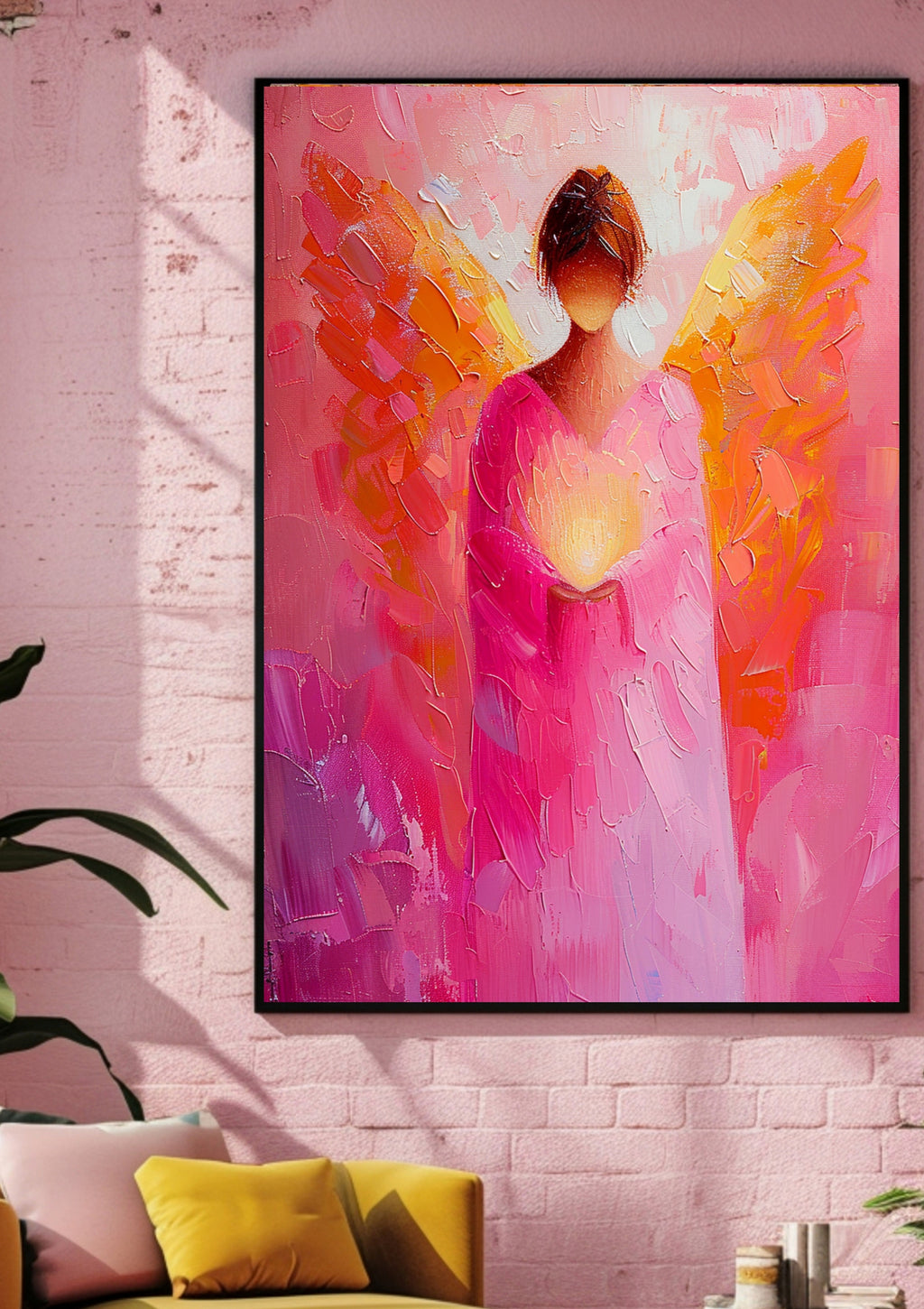 Erzengel Chamuel Poster - Rosa Engelskunst – Chamuel Wandbild – Spirituelle Herzenergie Kunst – Himmlische Kunst – Engelsbild Leinwand 2:3