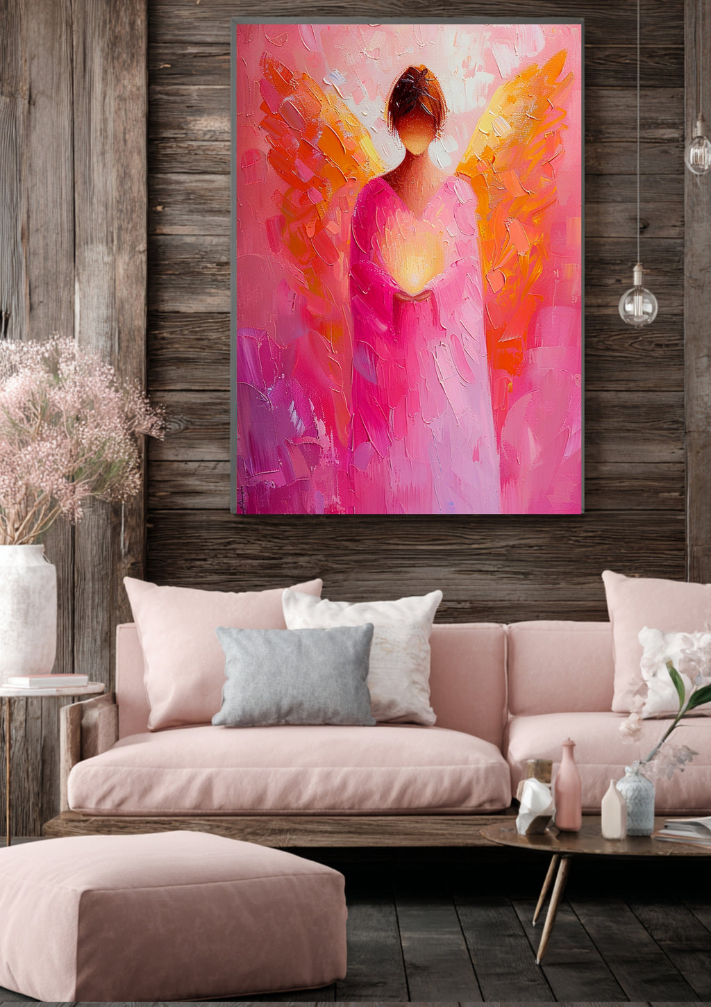 Erzengel Chamuel Poster - Rosa Engelskunst – Chamuel Wandbild – Spirituelle Herzenergie Kunst – Himmlische Kunst – Engelsbild Leinwand 2:3