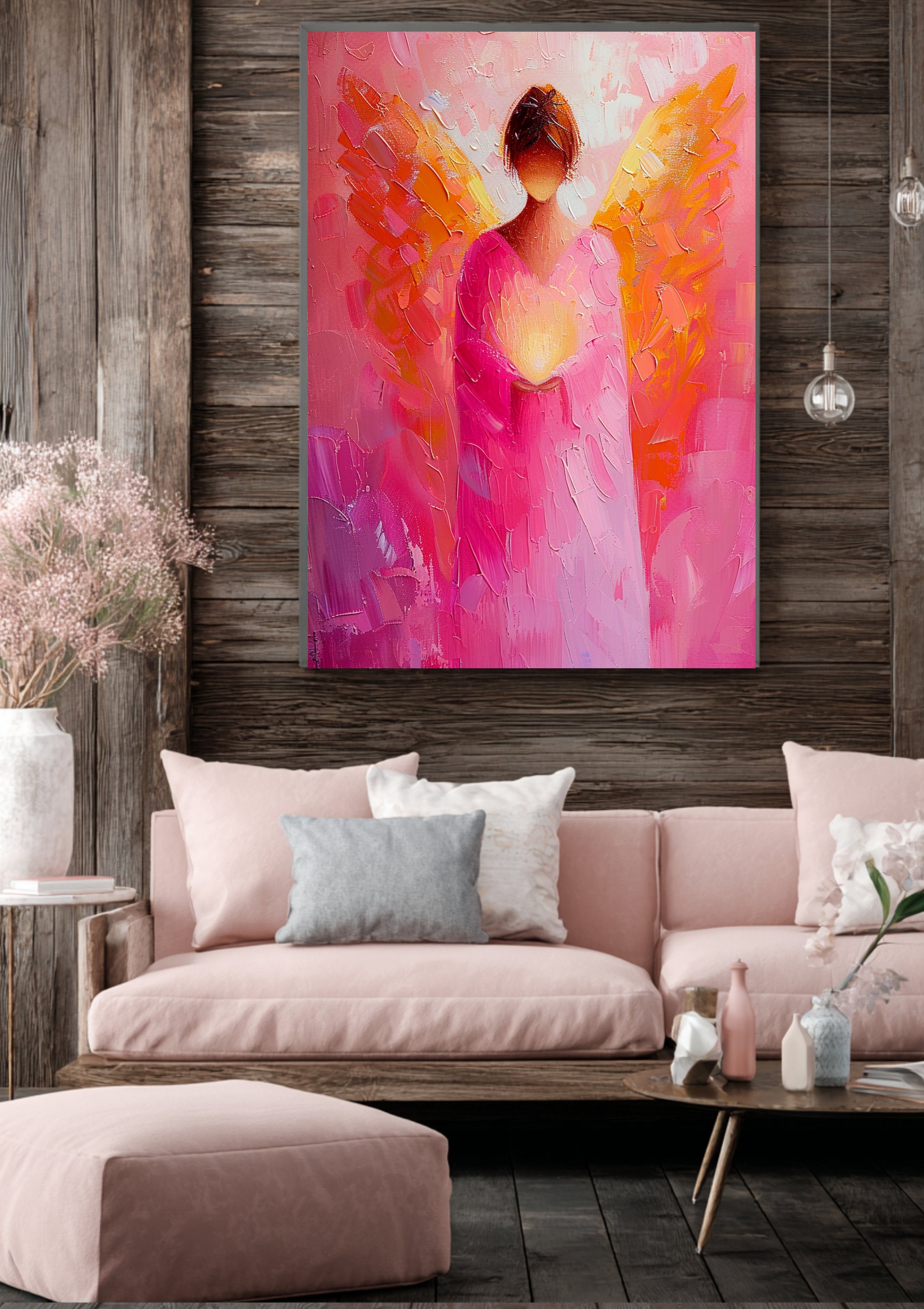 Erzengel Chamuel Poster - Rosa Engelskunst – Chamuel Wandbild – Spirituelle Herzenergie Kunst – Himmlische Kunst – Engelsbild Leinwand 2:3