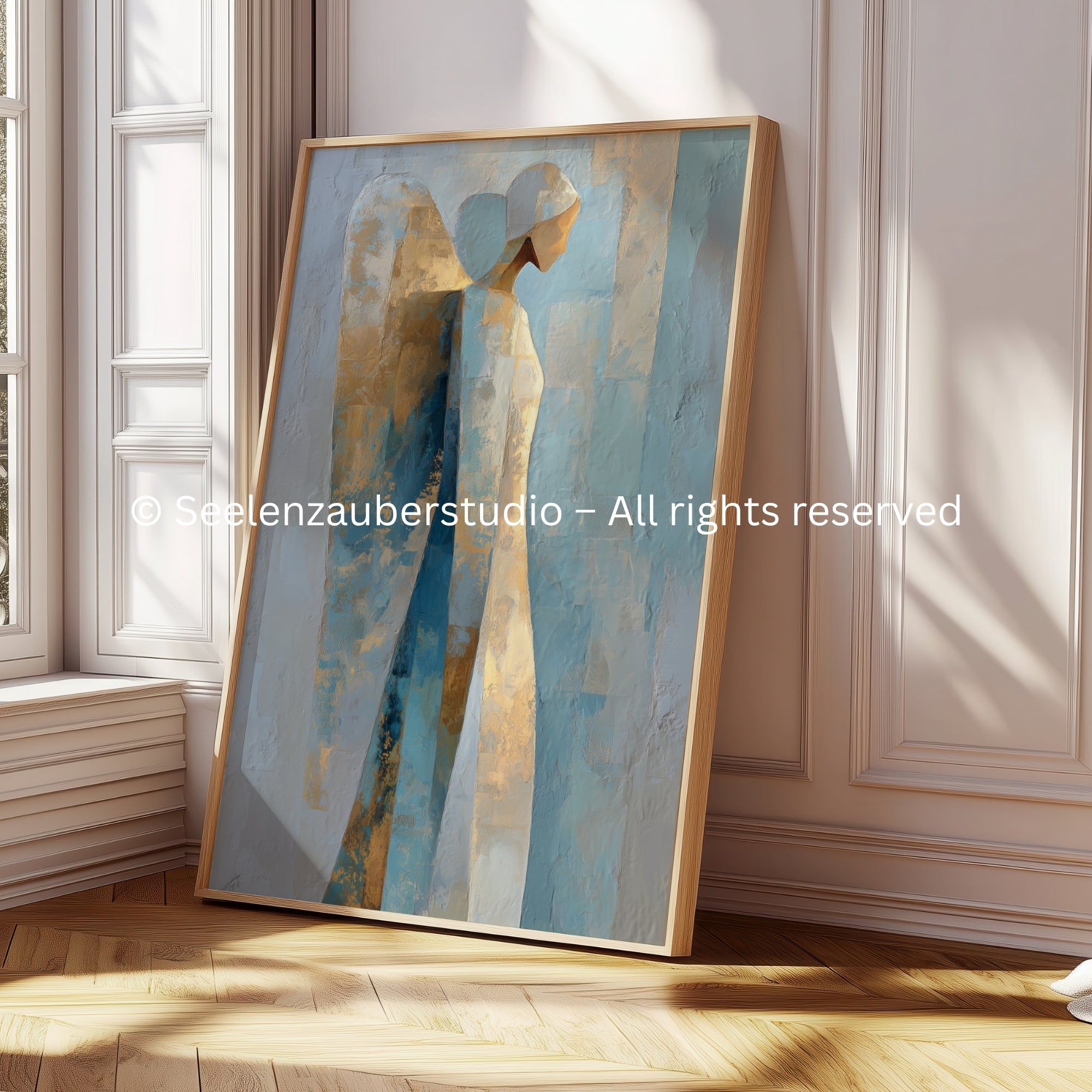 Himmlische Stille Poster– Abstrakter Engel in Blau, Creme & Gold
