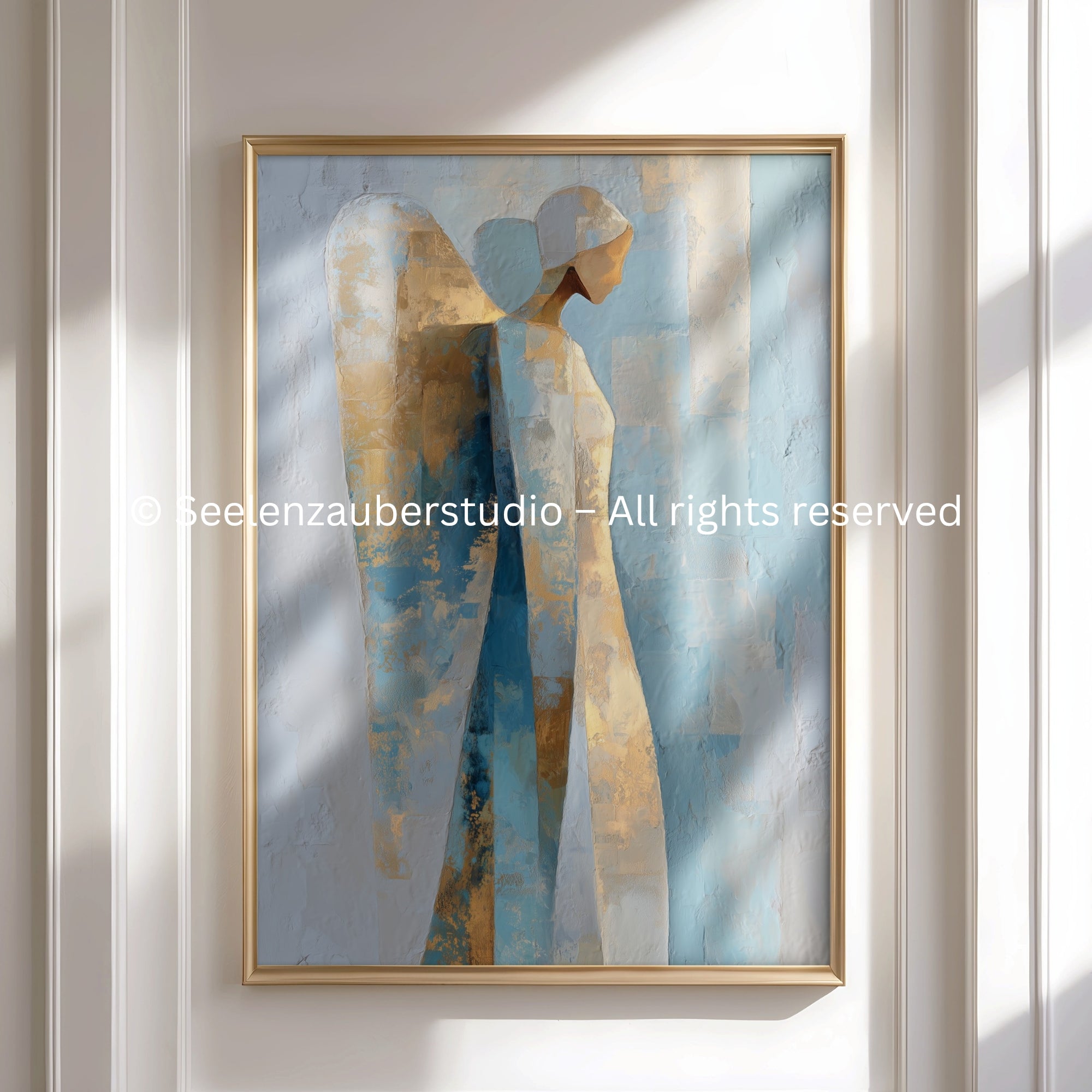 Himmlische Stille Poster– Abstrakter Engel in Blau, Creme & Gold