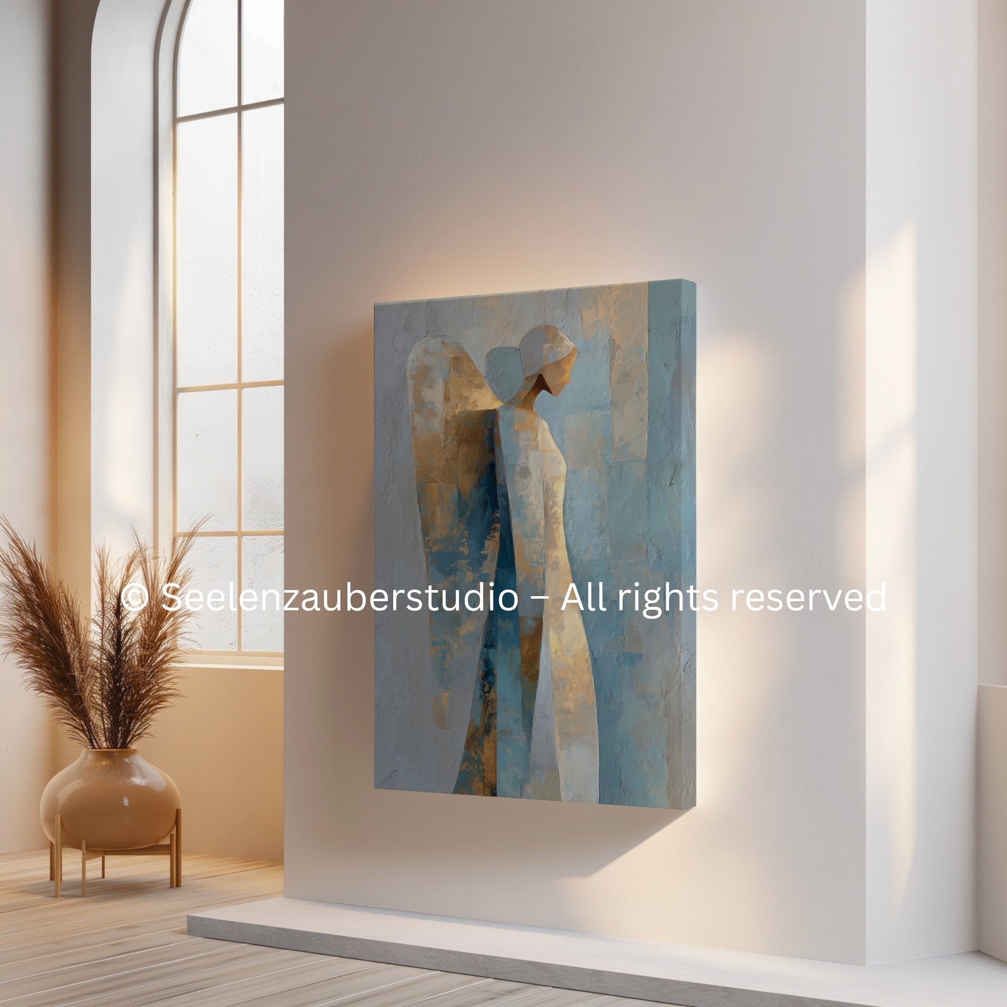 Engel Leinwand Blau Gold Minimalistisch | Abstrakter Schutzengel | Christliche Spirituelle Wandkunst