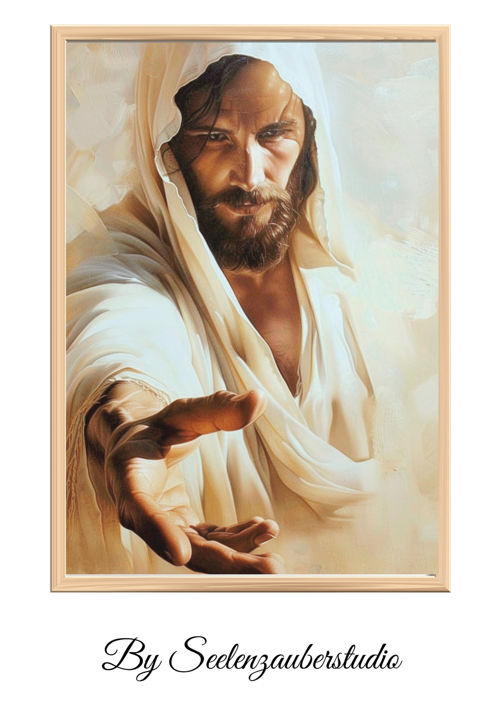 Leinwandbild gerahmt-Jesus Bild – Jesus reicht die Hand – Christliches Wandbild – Religionskunst – Boho Jesus Art