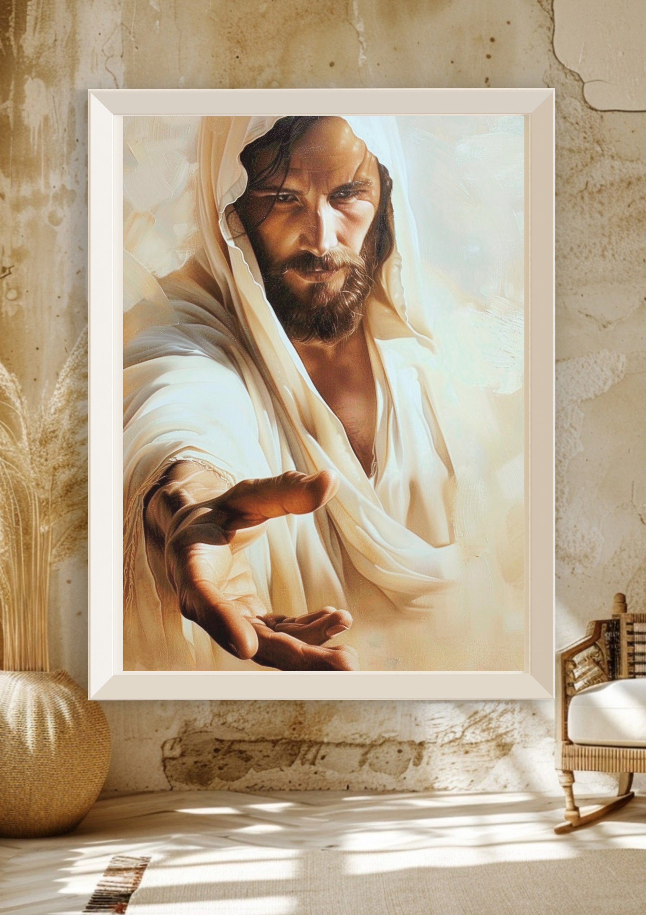 Leinwandbild gerahmt-Jesus Bild – Jesus reicht die Hand – Christliches Wandbild – Religionskunst – Boho Jesus Art