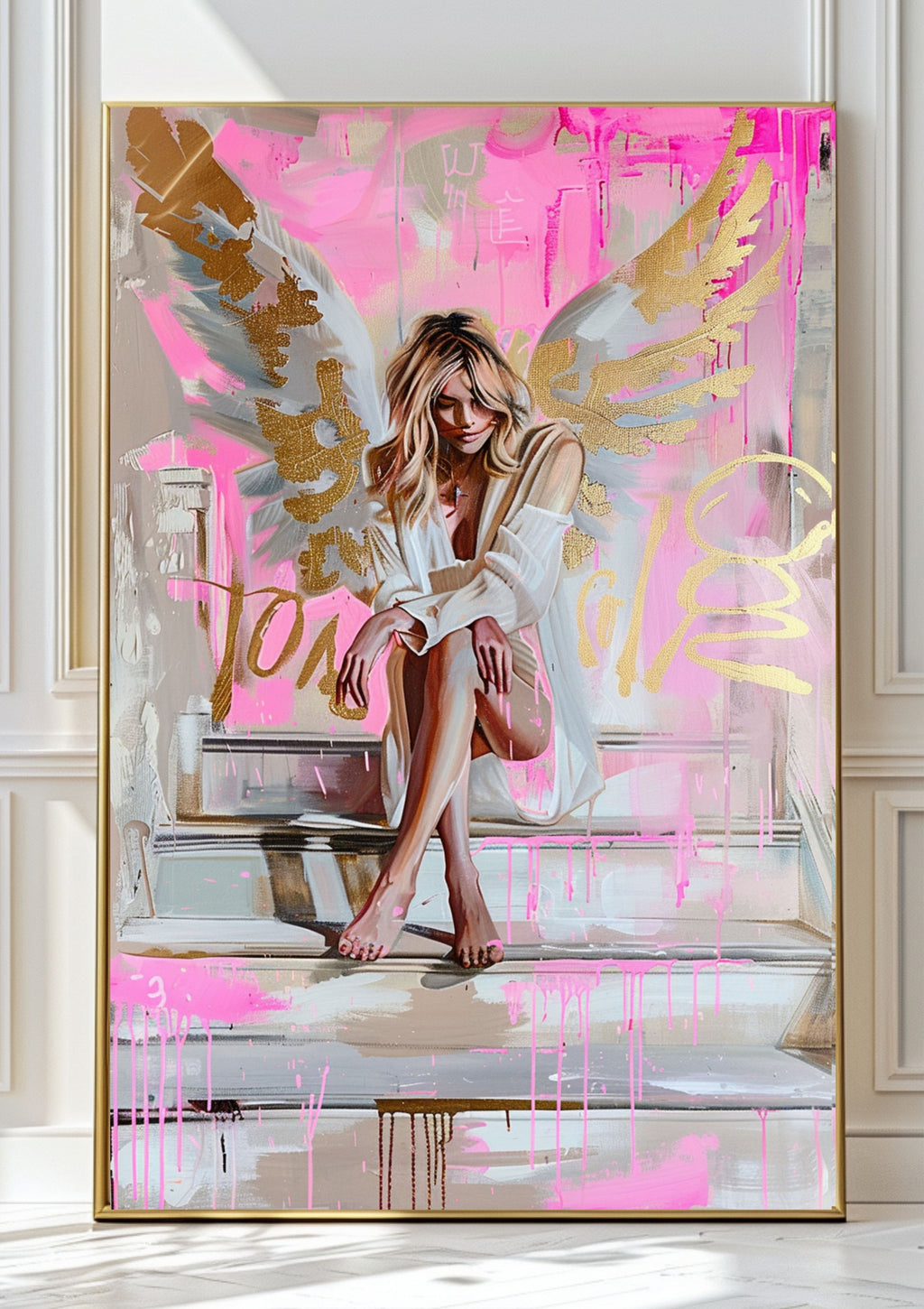 Angel Wings Poster – abstraktes Wandbild als Kunstdruck in Rosa, Apricot & Metallic Gold, moderner GoldRing Engel fürs Wohnzimmer