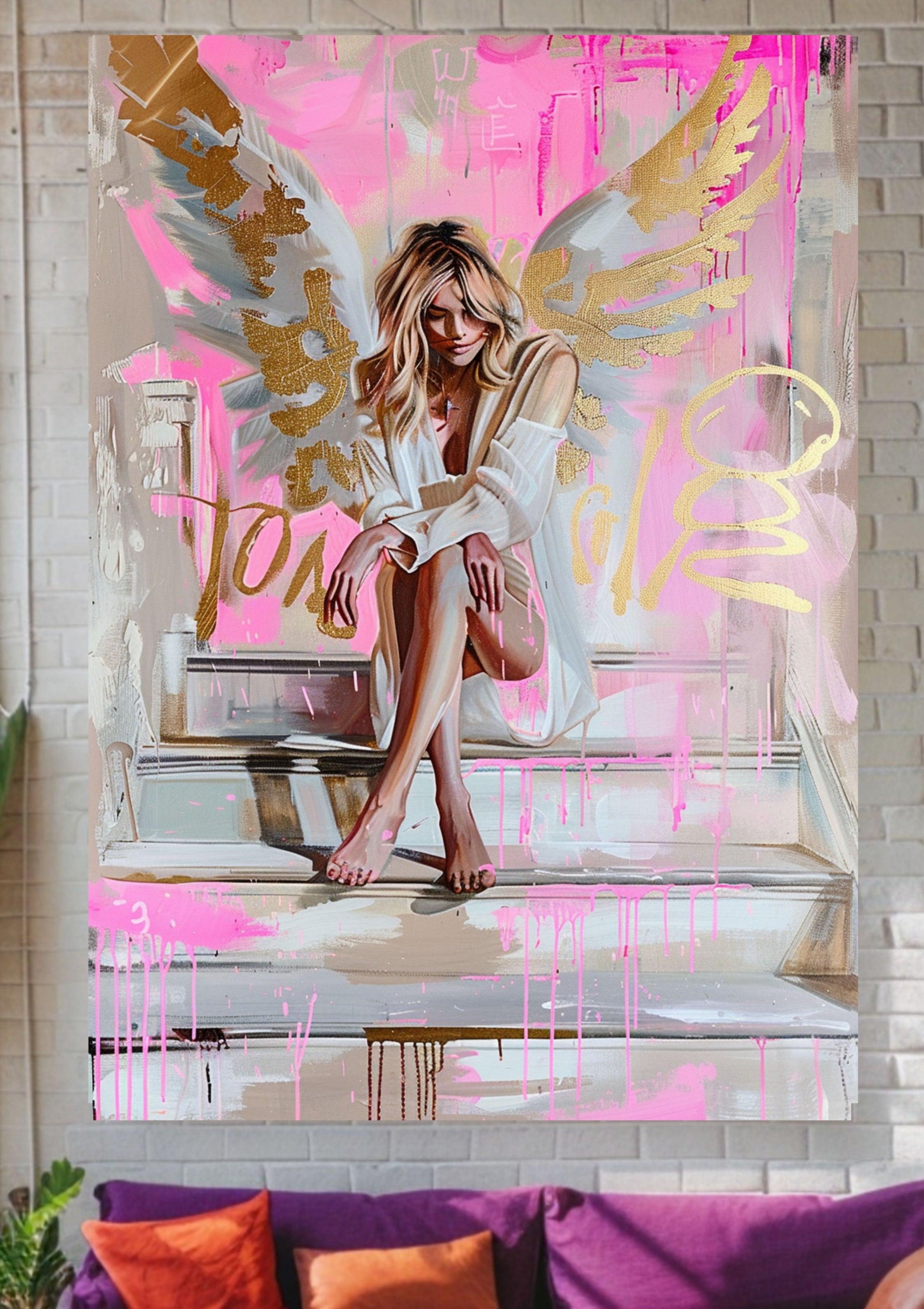 Angel Wings Poster – abstraktes Wandbild als Kunstdruck in Rosa, Apricot & Metallic Gold, moderner GoldRing Engel fürs Wohnzimmer