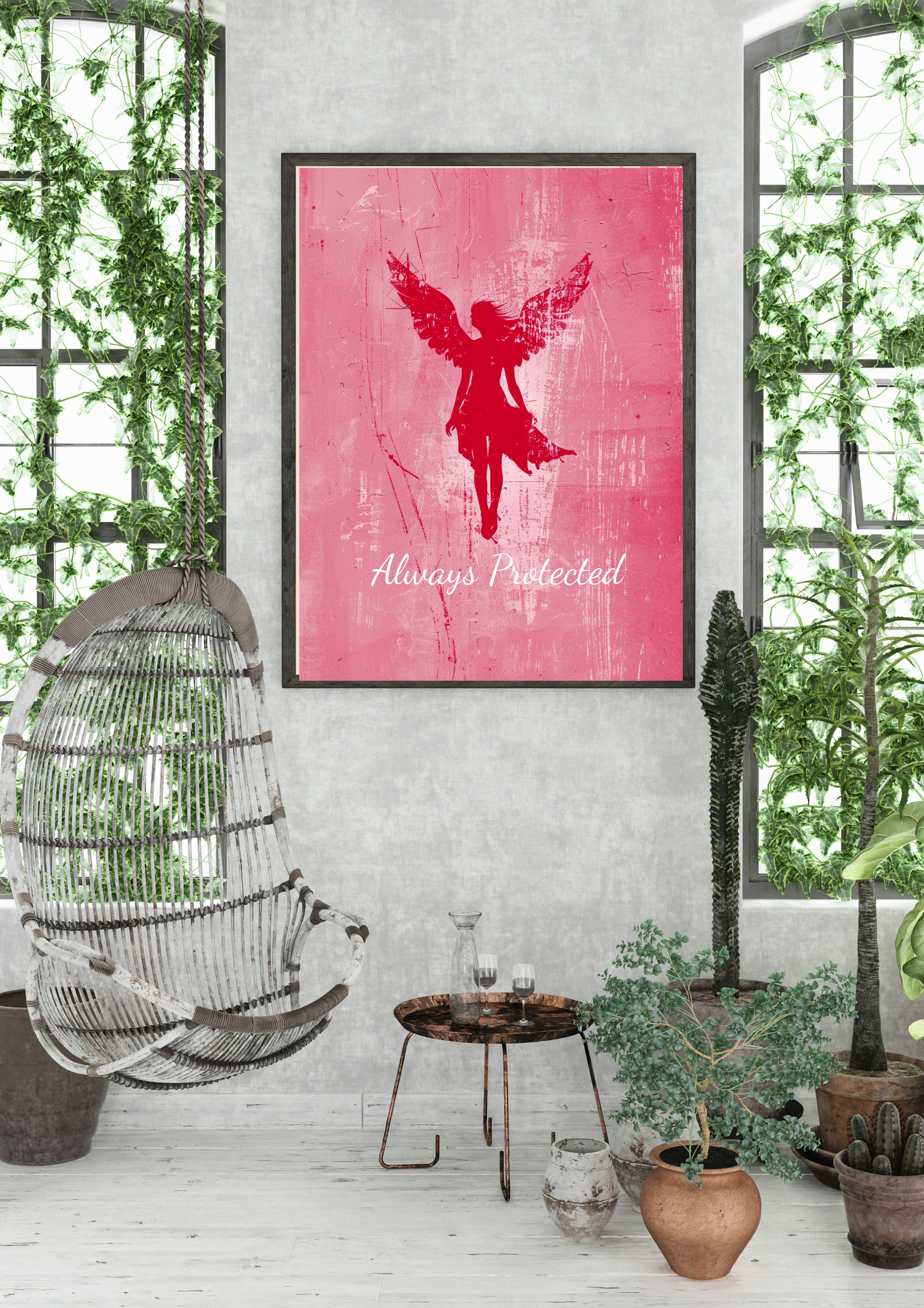 Engel Poster Rosa - Schutzengel Wandbild für Schlafzimmer - Spirituelles Poster Always Protected - Meditation Wanddeko - Physisches Poster