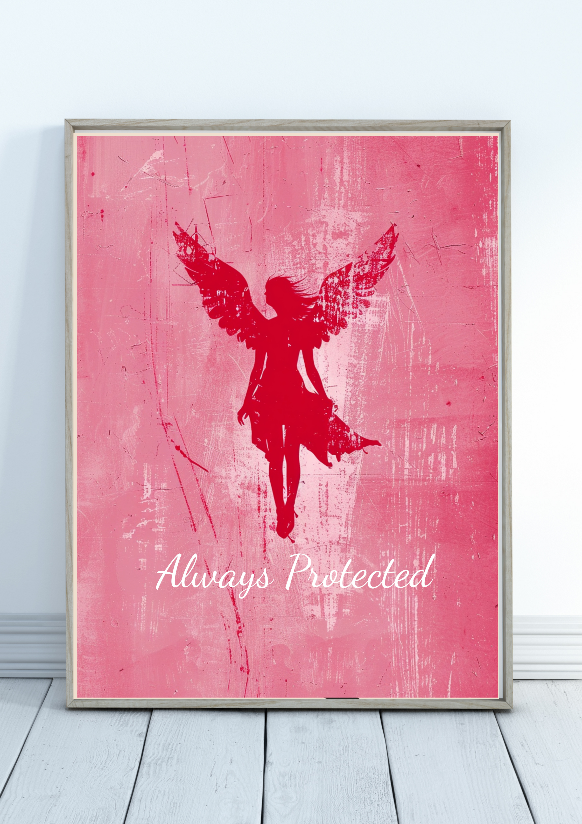 Engel Poster Rosa - Schutzengel Wandbild für Schlafzimmer - Spirituelles Poster Always Protected - Meditation Wanddeko - Physisches Poster