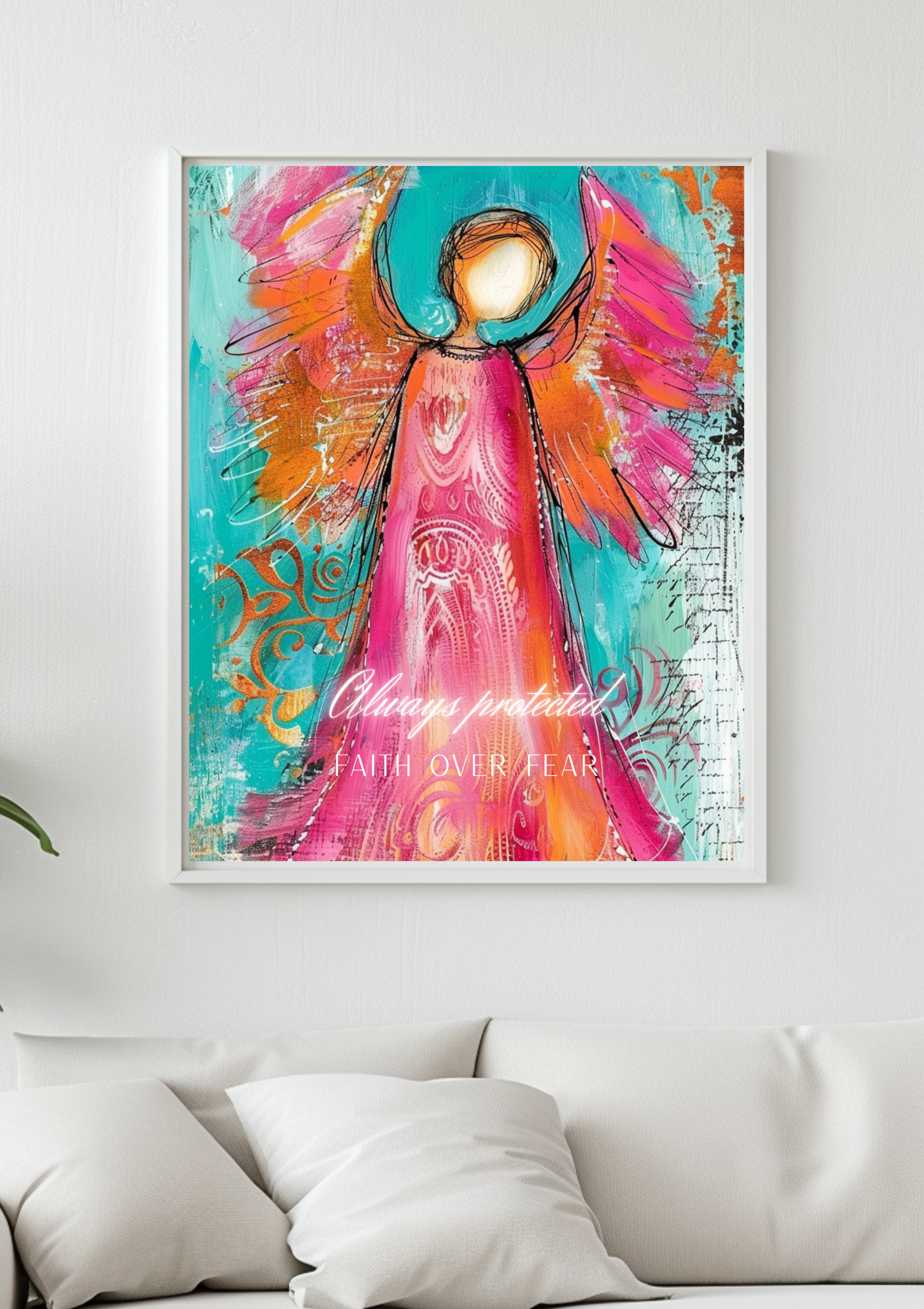 Schutzengel Poster &quot;Always protected - Faith over Fear&quot; | Zeitgenössische Engel Wandkunst | Bunte Engel Deko | Affirmation Poster |