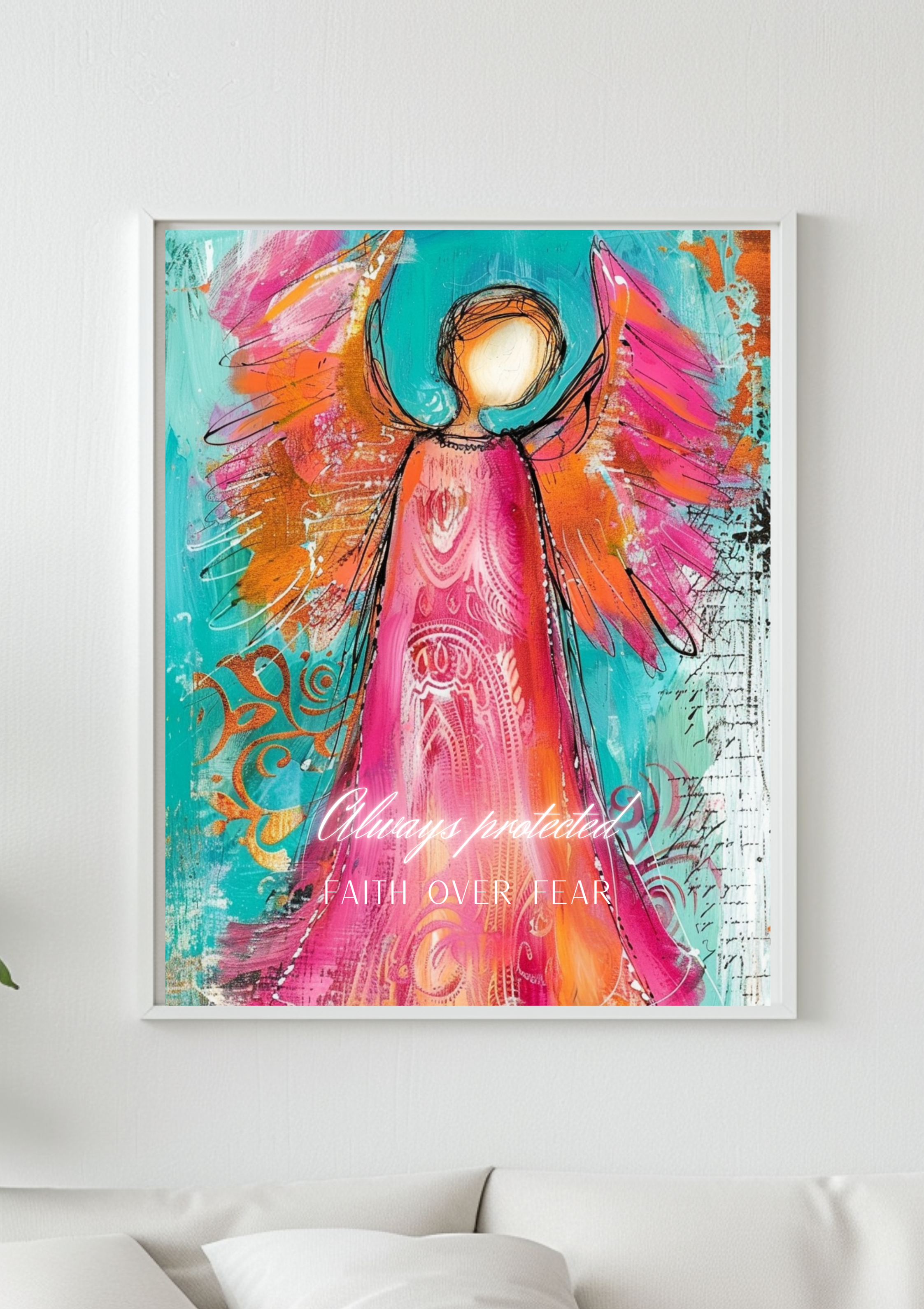 Schutzengel Poster &quot;Always protected - Faith over Fear&quot; | Zeitgenössische Engel Wandkunst | Bunte Engel Deko | Affirmation Poster |