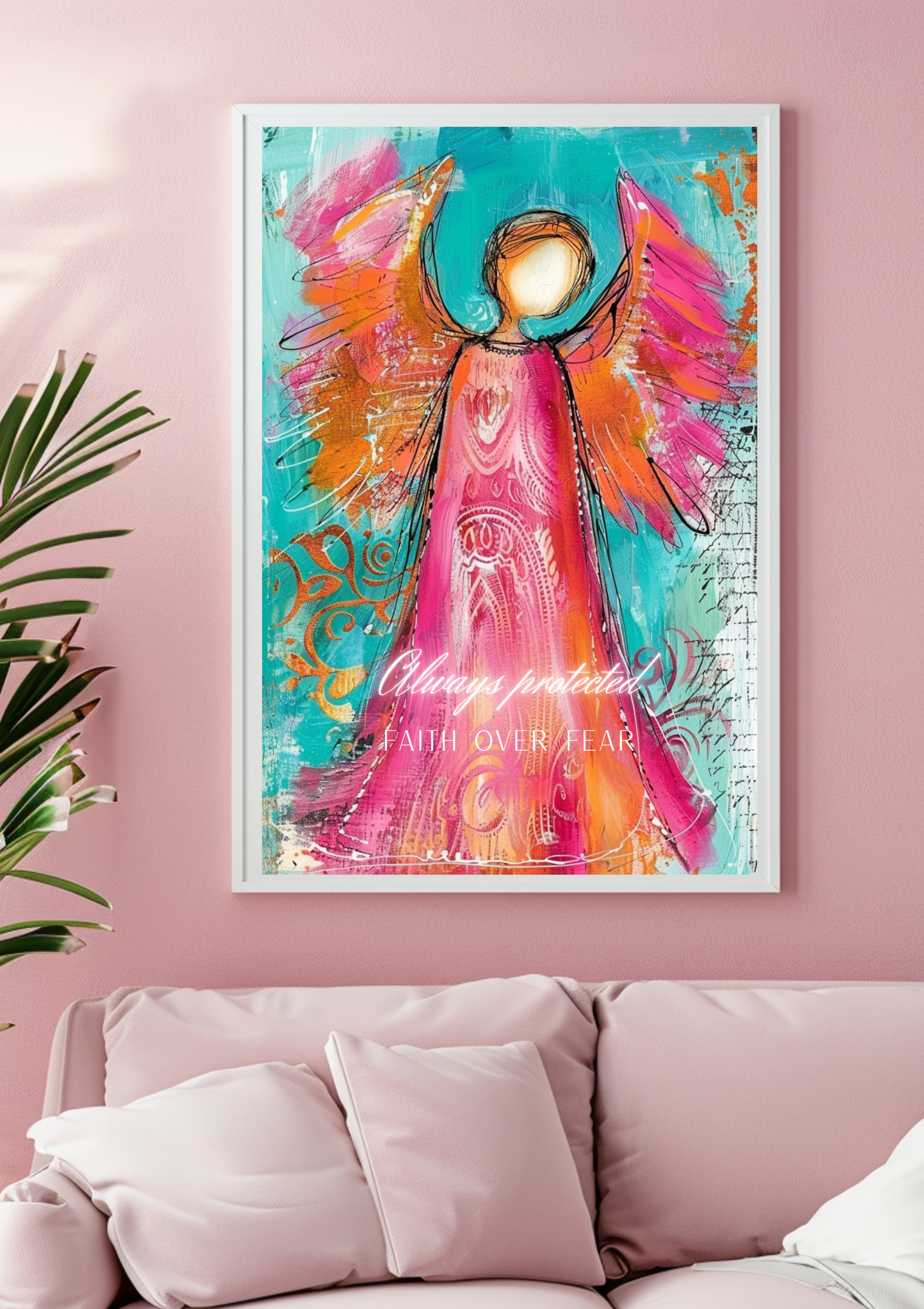 Schutzengel Poster &quot;Always protected - Faith over Fear&quot; | Zeitgenössische Engel Wandkunst | Bunte Engel Deko | Affirmation Poster |