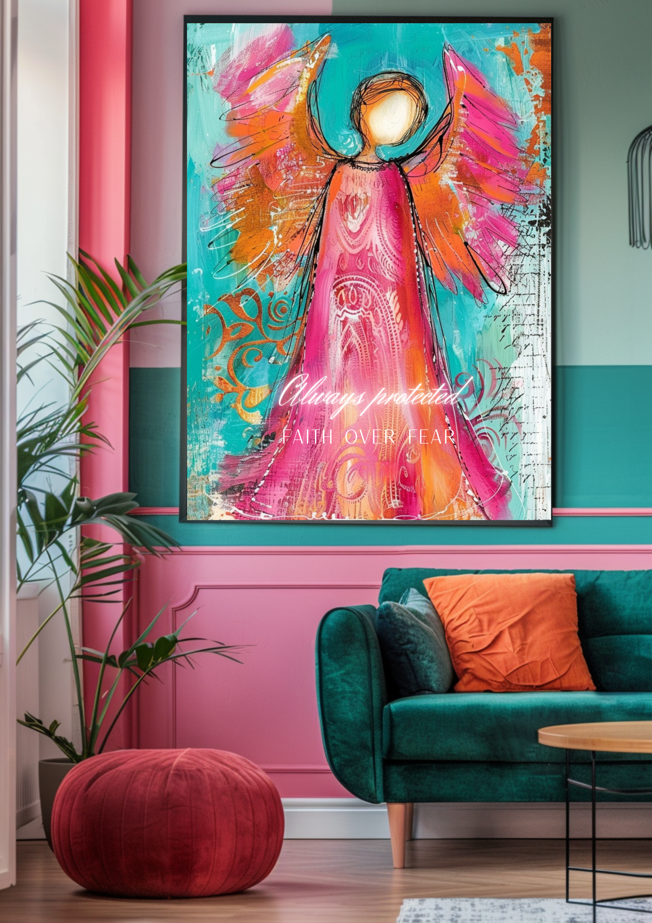 Schutzengel Poster &quot;Always protected - Faith over Fear&quot; | Zeitgenössische Engel Wandkunst | Bunte Engel Deko | Affirmation Poster |