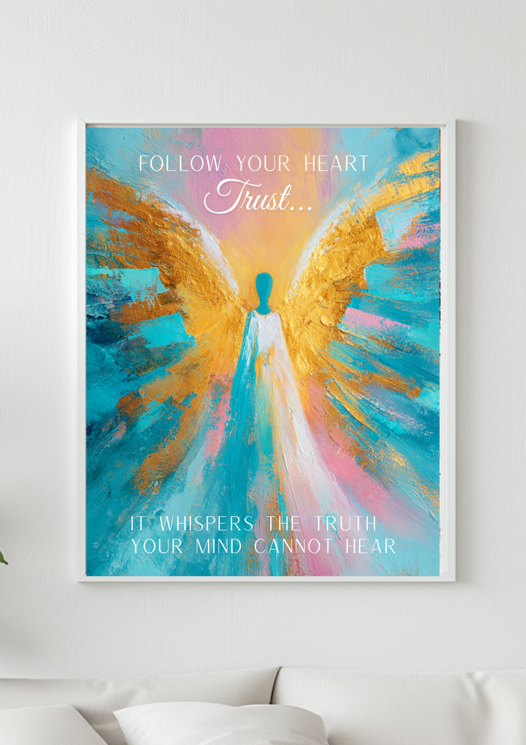 Modernes leuchtendes Engel Poster ,,Follow Your Heart"|Spirituelle Kunst| Himmlisches Wandbild| Contemporary Art