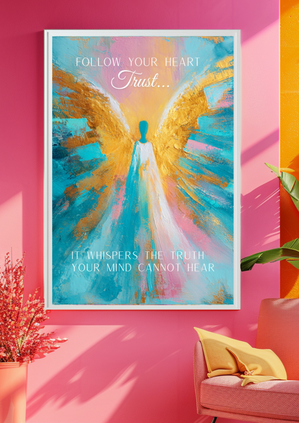 Modernes leuchtendes Engel Poster ,,Follow Your Heart"|Spirituelle Kunst| Himmlisches Wandbild| Contemporary Art