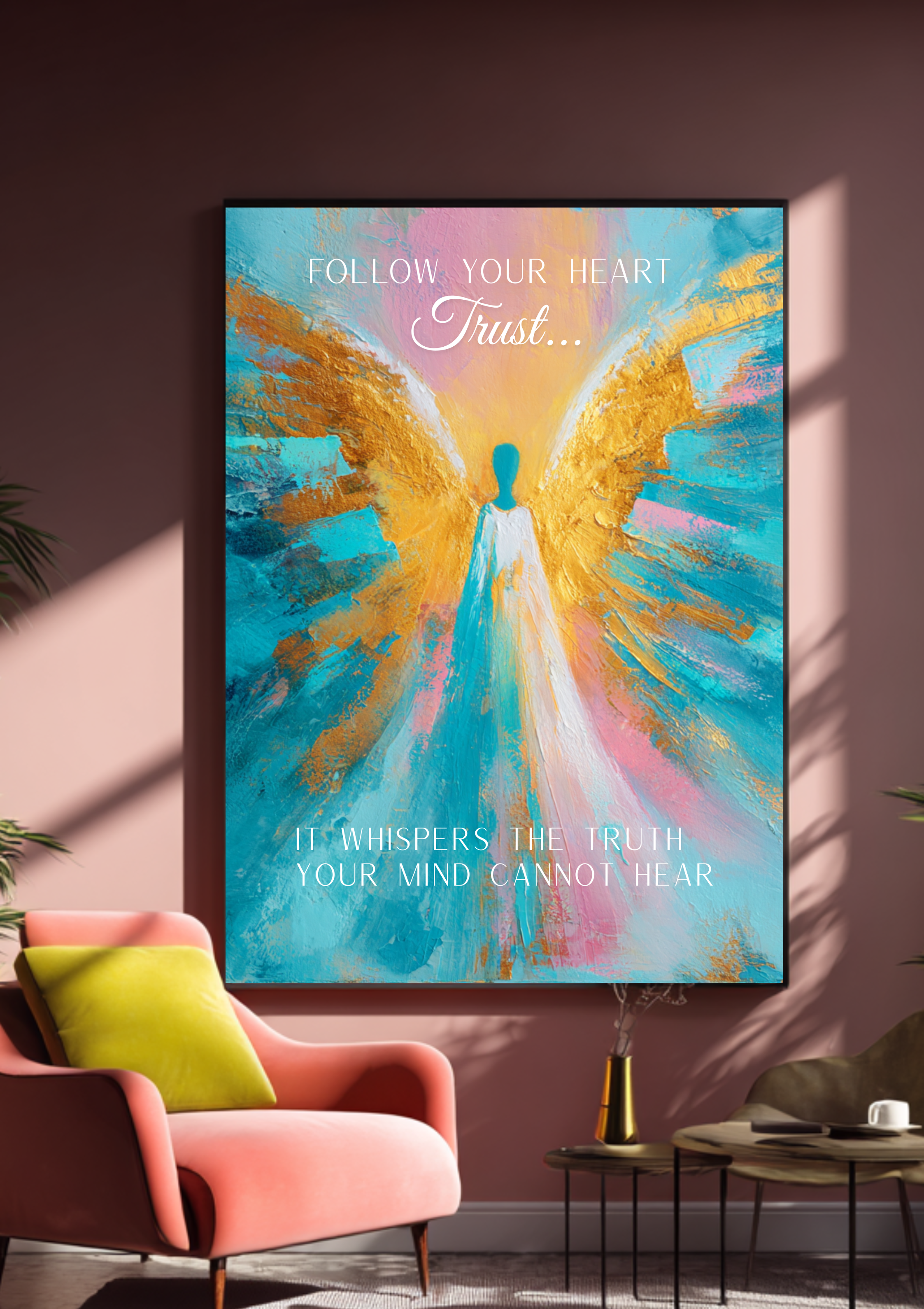 Modernes leuchtendes Engel Poster ,,Follow Your Heart"|Spirituelle Kunst| Himmlisches Wandbild| Contemporary Art