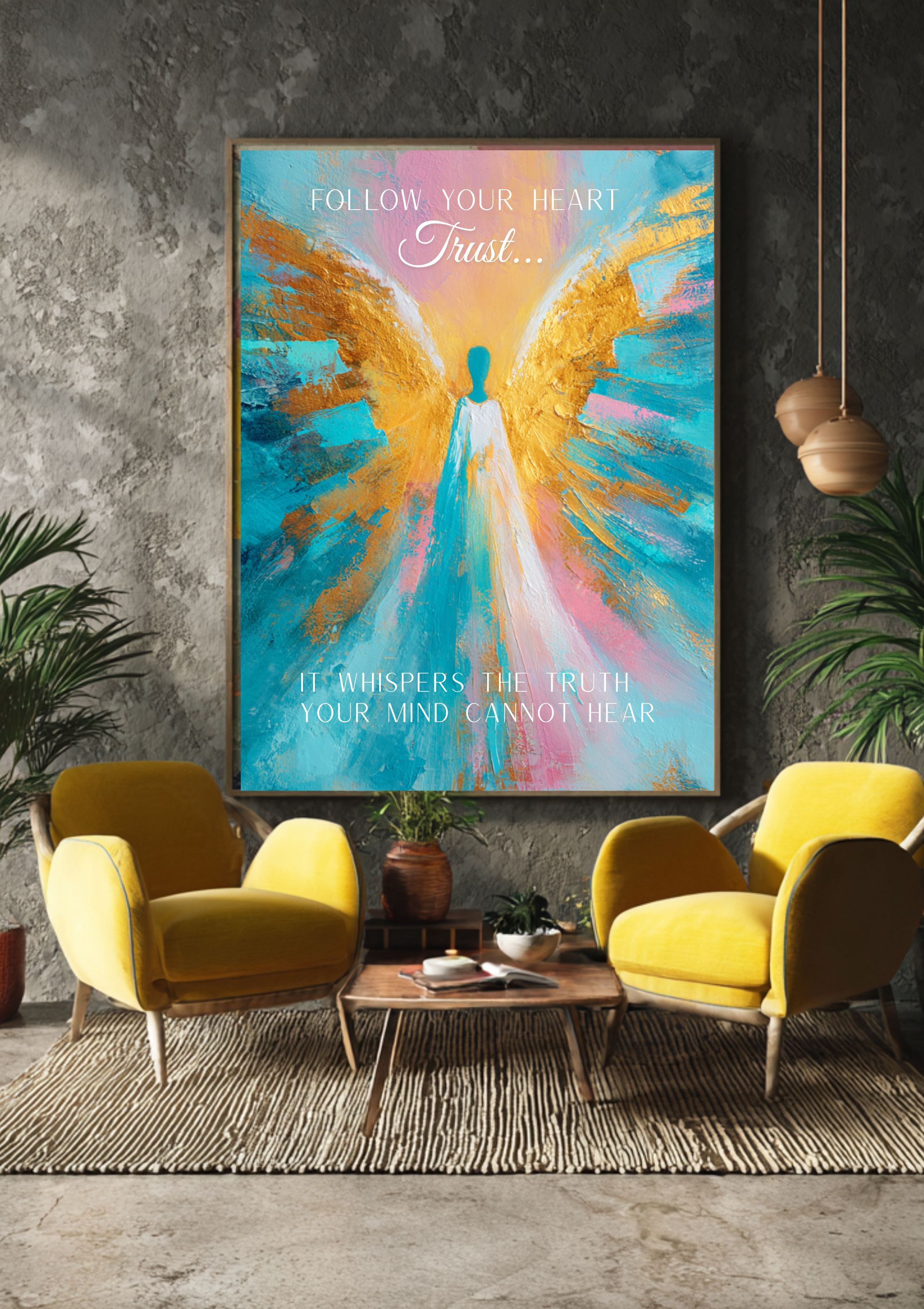 Modernes leuchtendes Engel Poster ,,Follow Your Heart"|Spirituelle Kunst| Himmlisches Wandbild| Contemporary Art