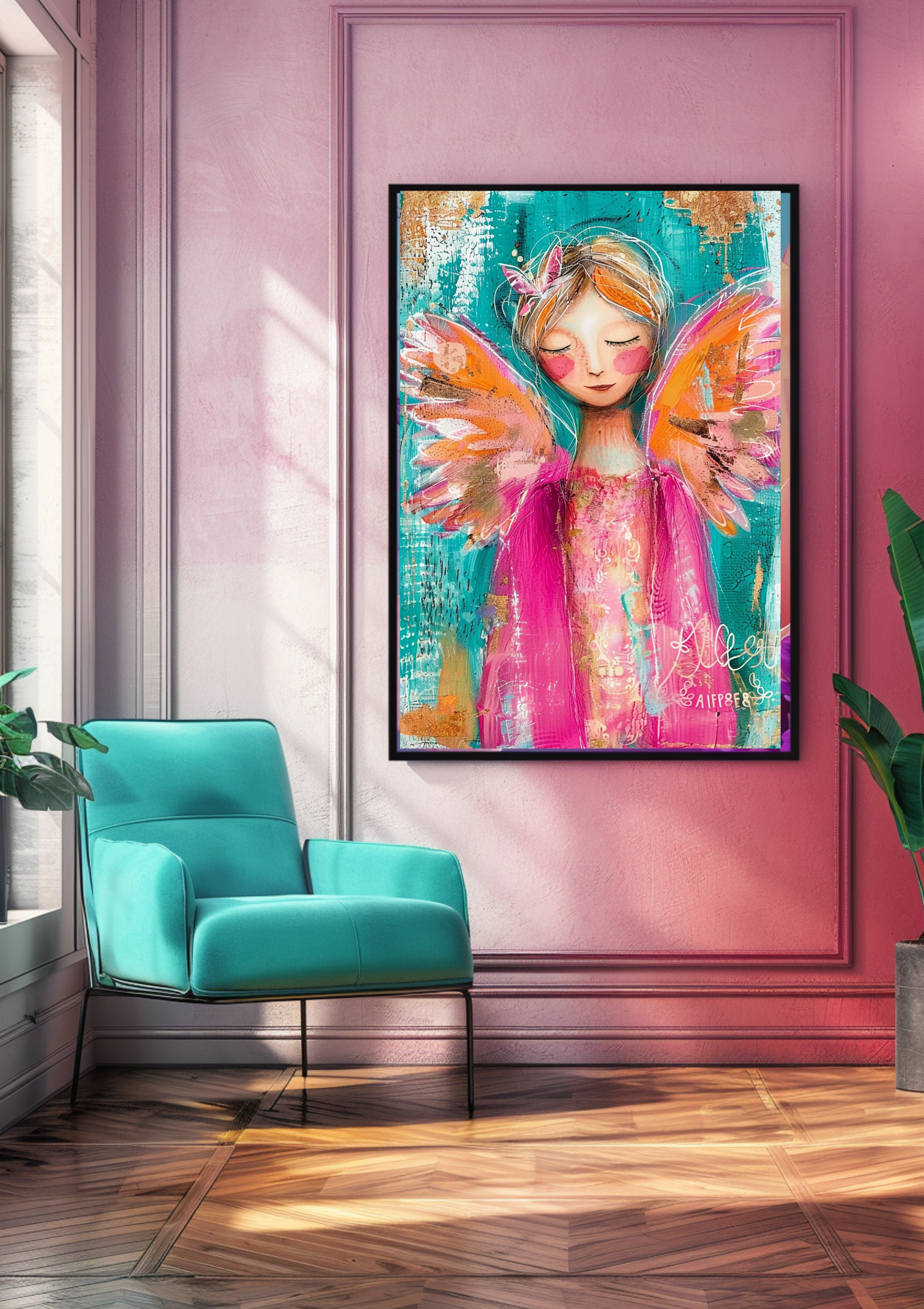 Engel Poster Abstract Bunt Türkis Pink Wandbild Modern Schutzengel Kunstdruck Spirituell Dekoration Zeitgenössisches Engel Poster