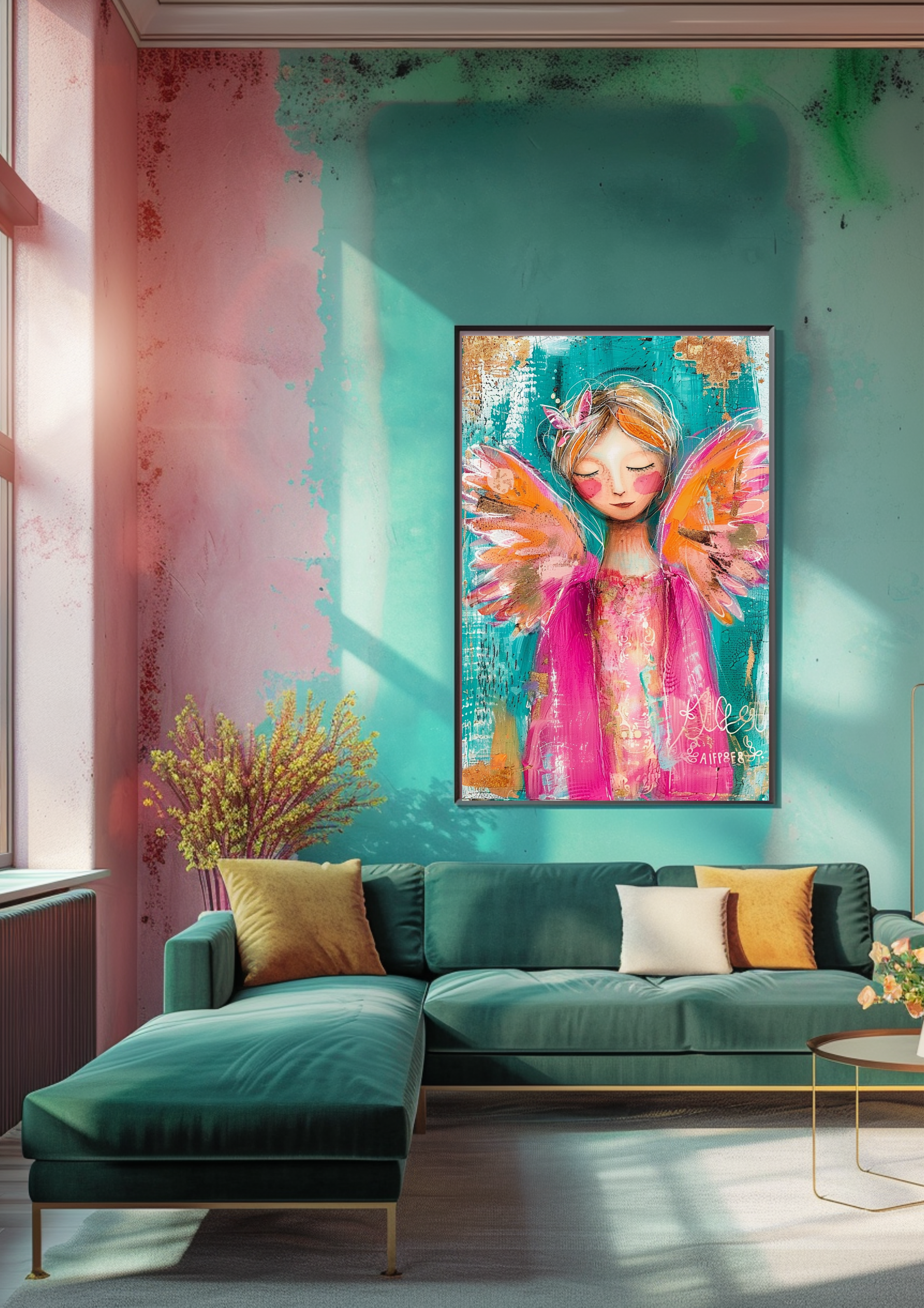 Engel Poster Abstract Bunt Türkis Pink Wandbild Modern Schutzengel Kunstdruck Spirituell Dekoration Zeitgenössisches Engel Poster