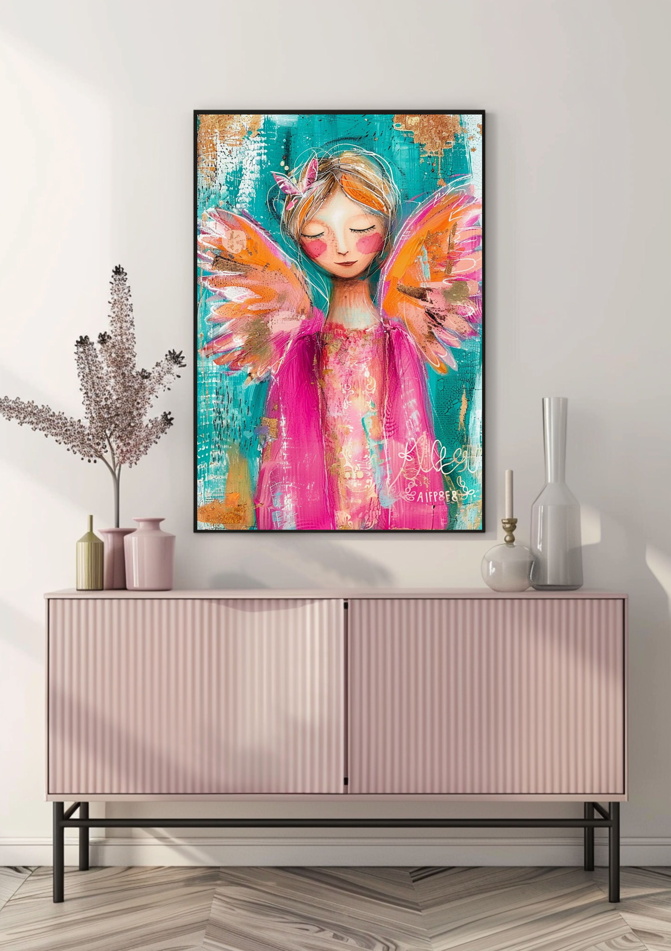 Engel Poster Abstract Bunt Türkis Pink Wandbild Modern Schutzengel Kunstdruck Spirituell Dekoration Zeitgenössisches Engel Poster