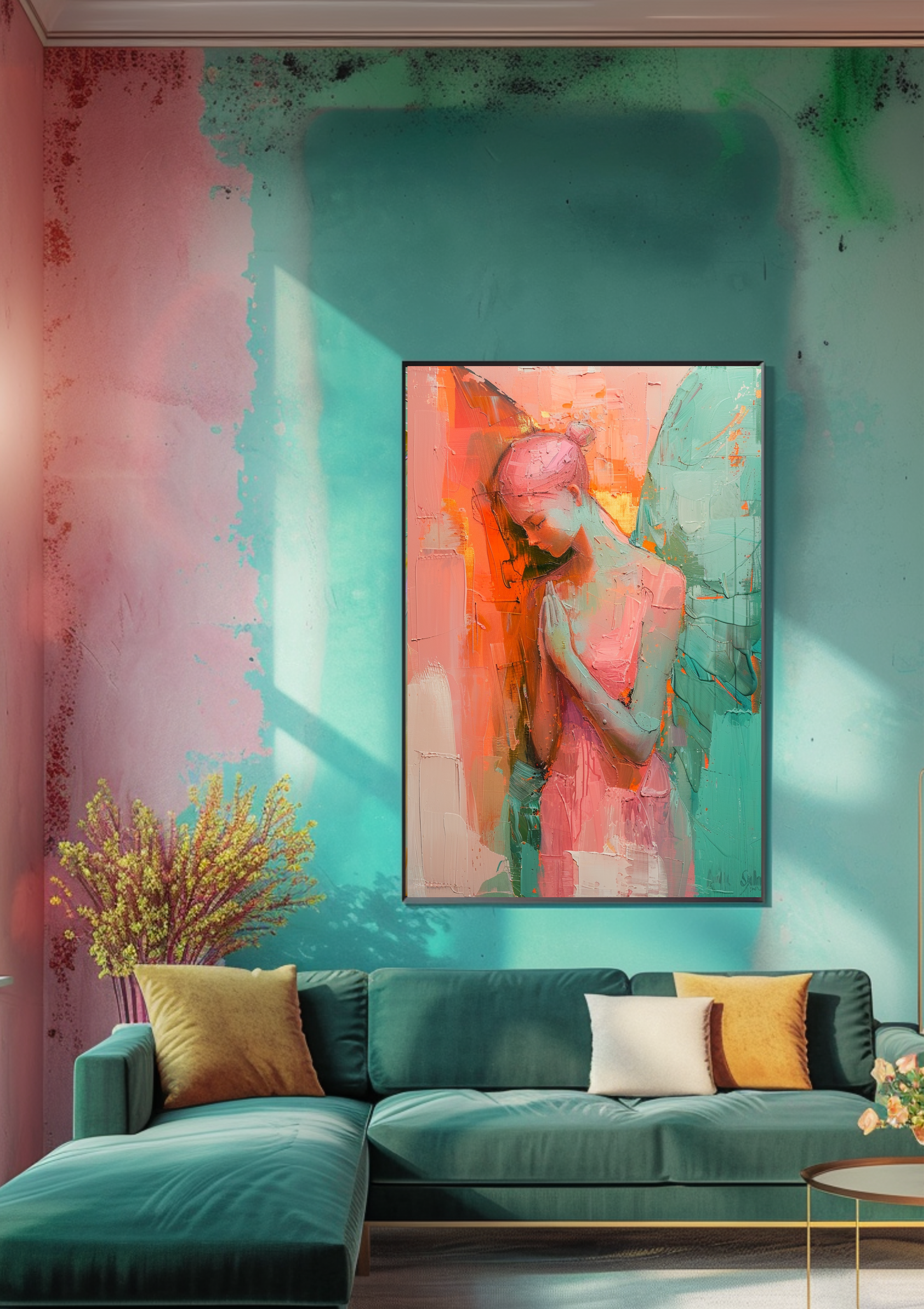 Engel Poster Abstract Rosa Türkis Wandbild Modern Schutzengel Kunstdruck Spirituell Dekoration Geschenk Zeitgenössisches Engelposter