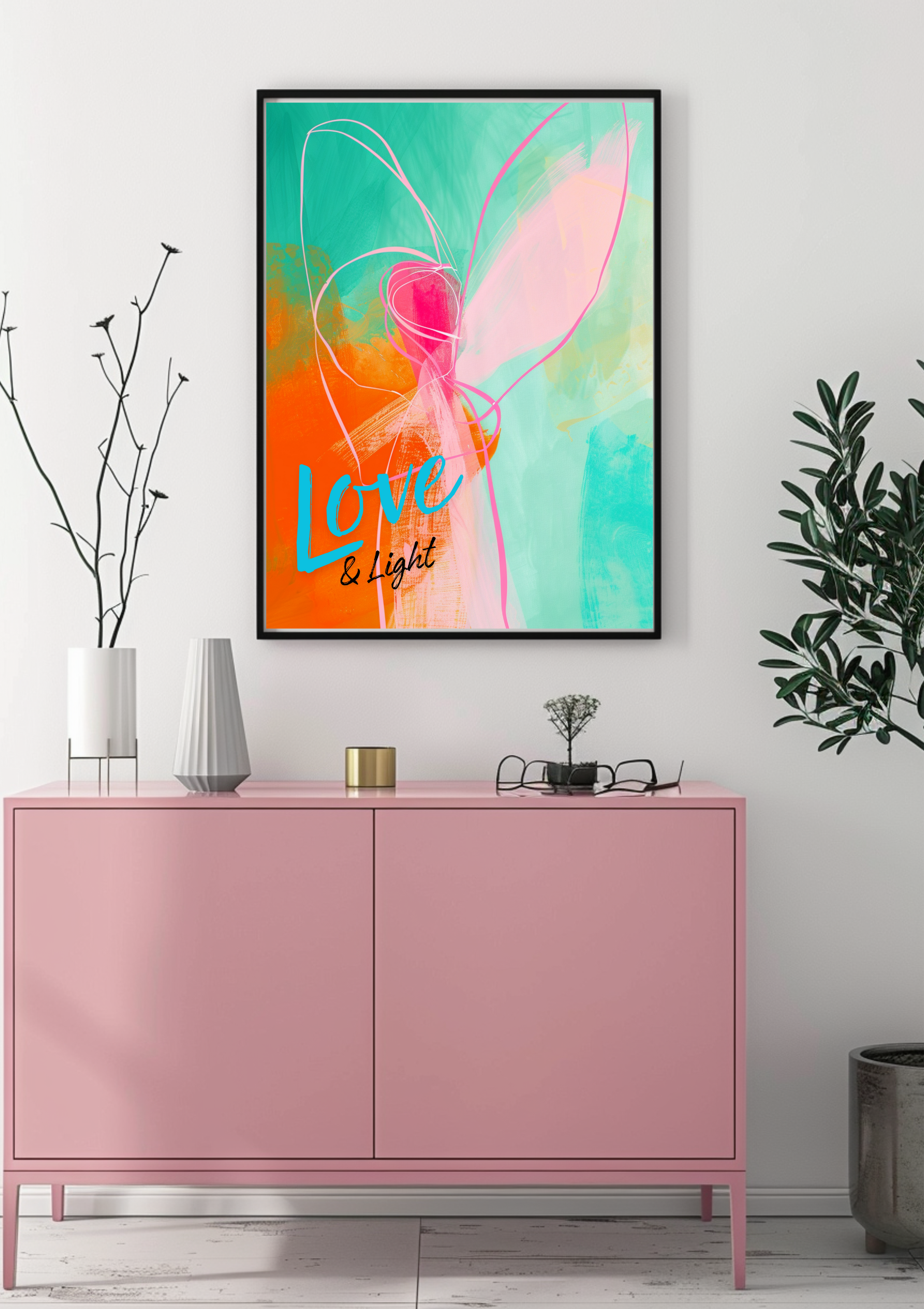 Love & Light Engel Poster - Abstrakte Spirituelle Wandkunst -  Engel Dekoration - Positive Energie Wandbild - Farbenfrohe Spirituelle Kunst