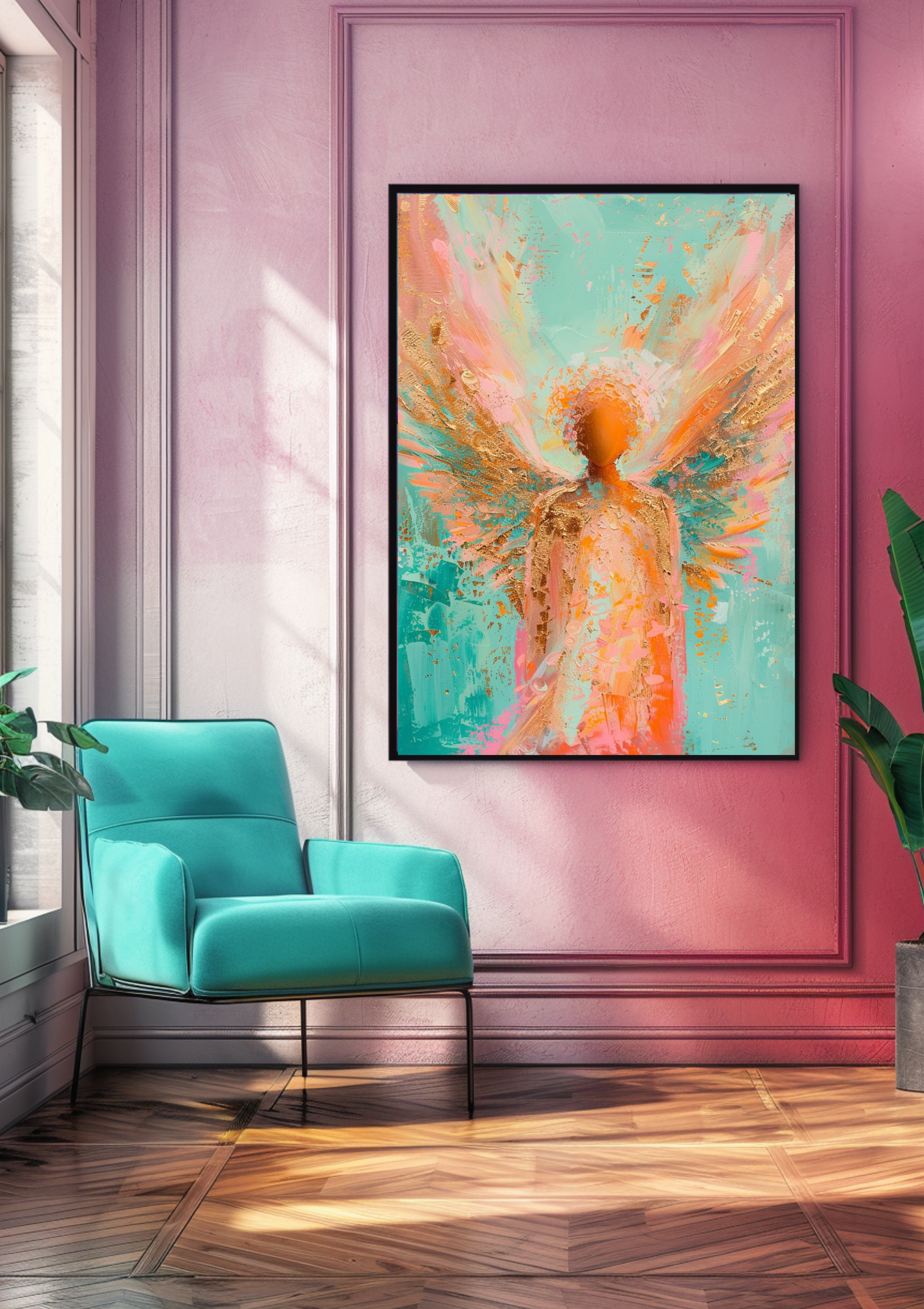 Engel Poster Gold Mintgrün Wandbild Modern Schutzengel Kunstdruck Spirituell Elegant Dekoration Geschenk. Zeitgenössisches Engelposter