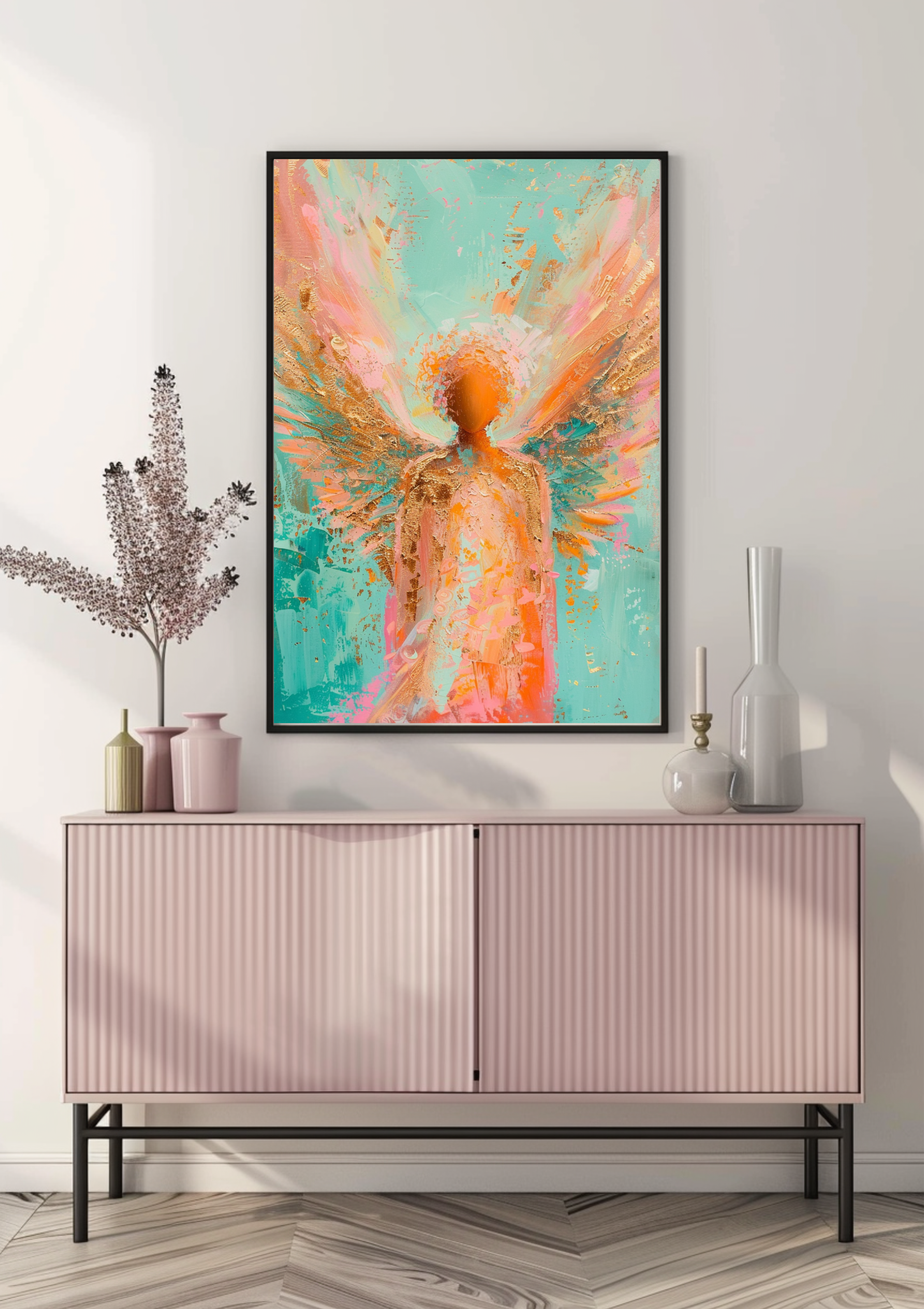 Engel Poster Gold Mintgrün Wandbild Modern Schutzengel Kunstdruck Spirituell Elegant Dekoration Geschenk. Zeitgenössisches Engelposter