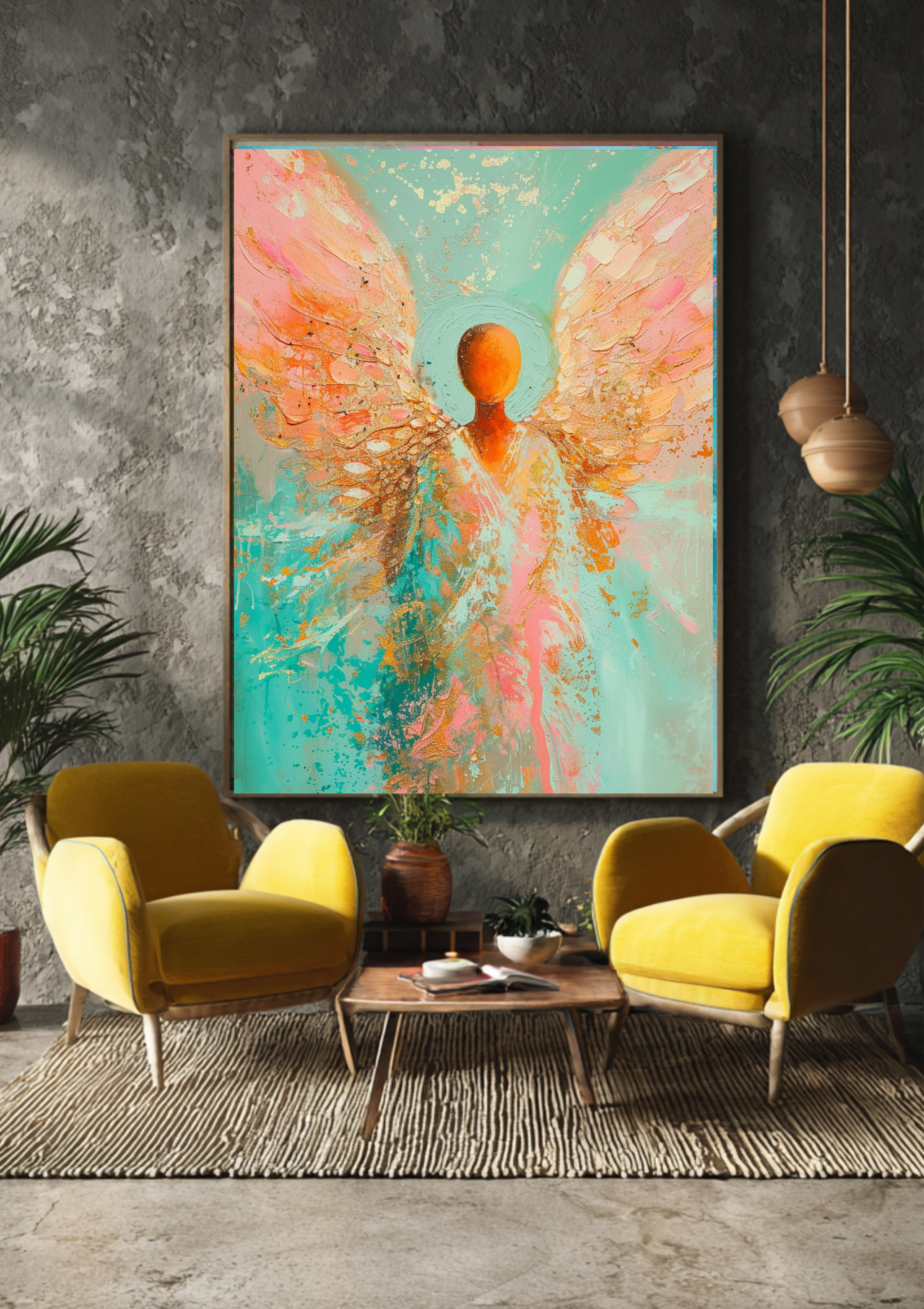 Engel Poster Gold Mintgrün Wandbild Modern Schutzengel Kunstdruck Spirituell Elegant Dekoration Geschenk  Zeitgenössisches Engelposter