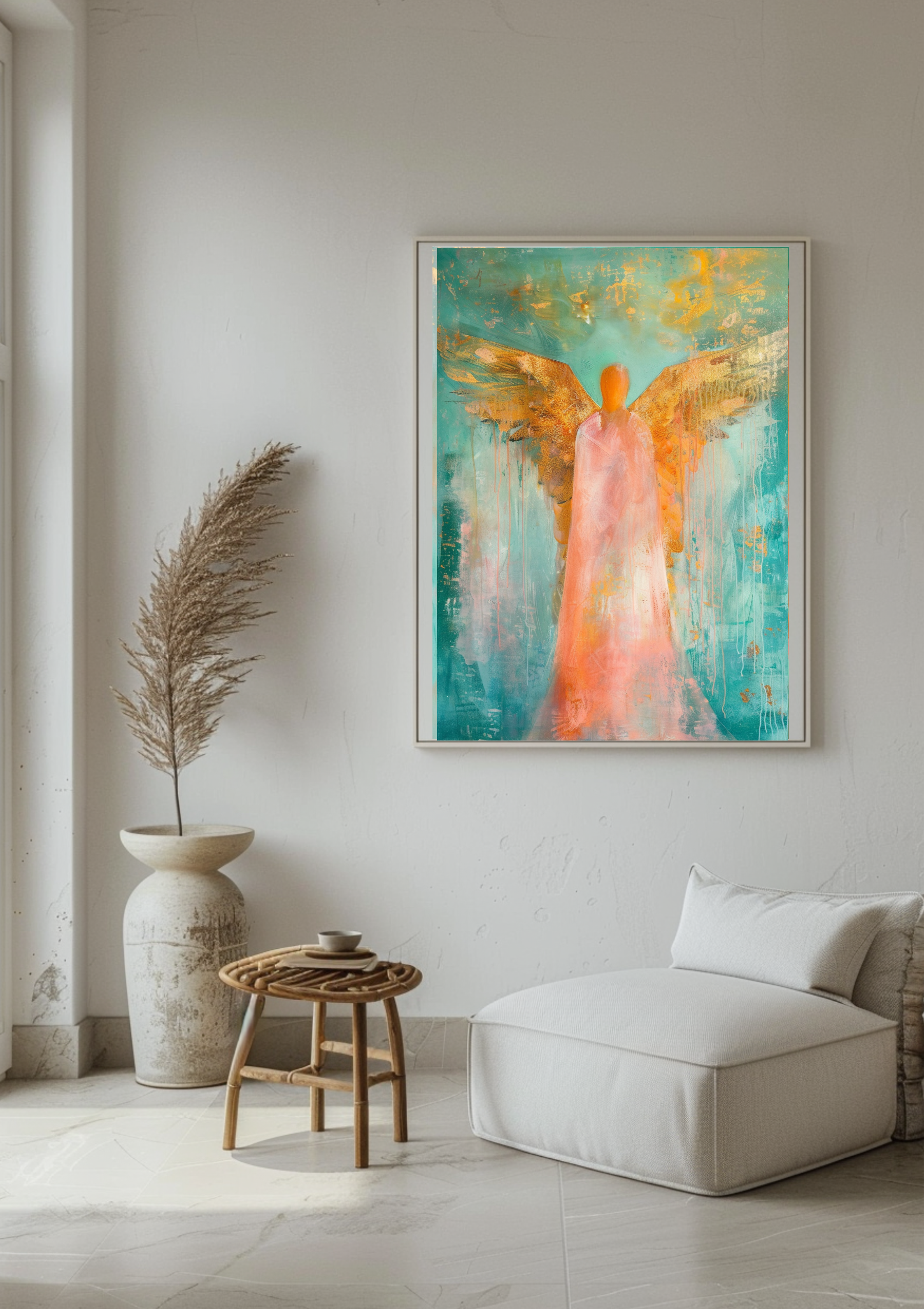 Engel Poster Gold Mintgrün Wandbild Modern Schutzengel Kunstdruck Spirituell Elegant Dekoration Geschenk Zeitgenössisches Engelposter