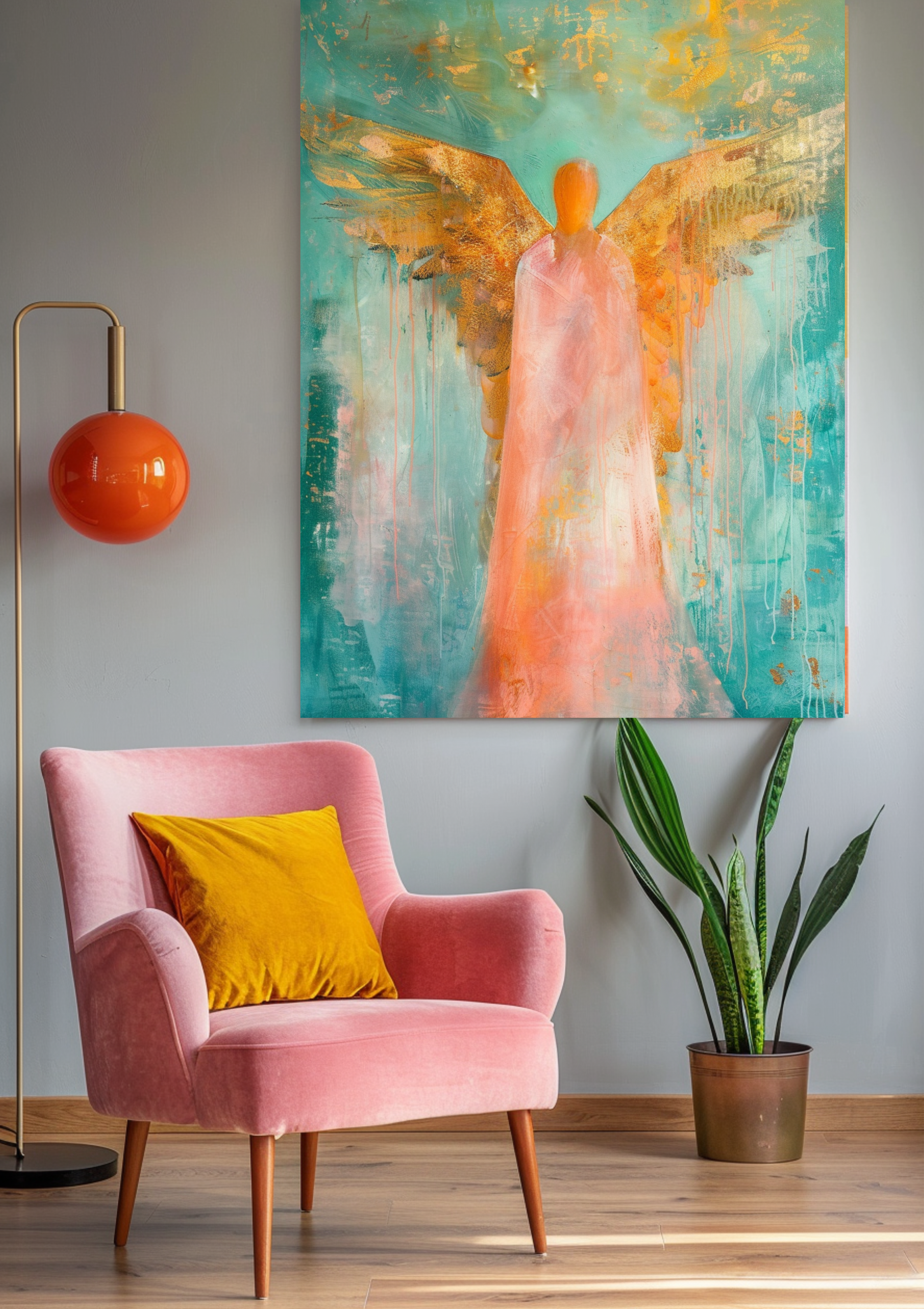 Engel Poster Gold Mintgrün Wandbild Modern Schutzengel Kunstdruck Spirituell Elegant Dekoration Geschenk Zeitgenössisches Engelposter