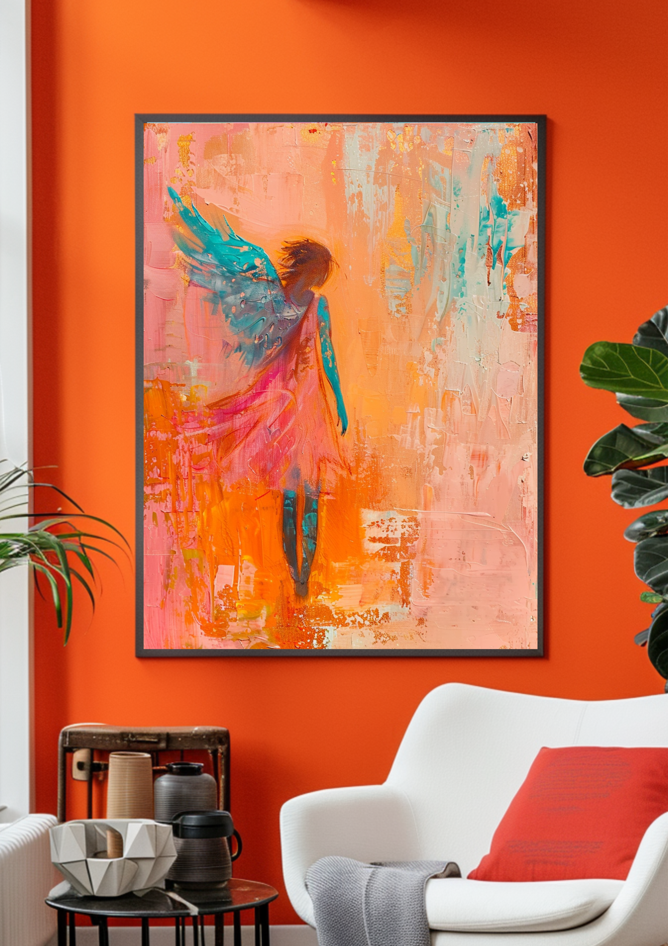Engel Poster Orange Türkis Abstract Wandbild Schutzengel Kunstdruck Spirituell Warm Lebensfreude Dekoration  Poster Engel modern