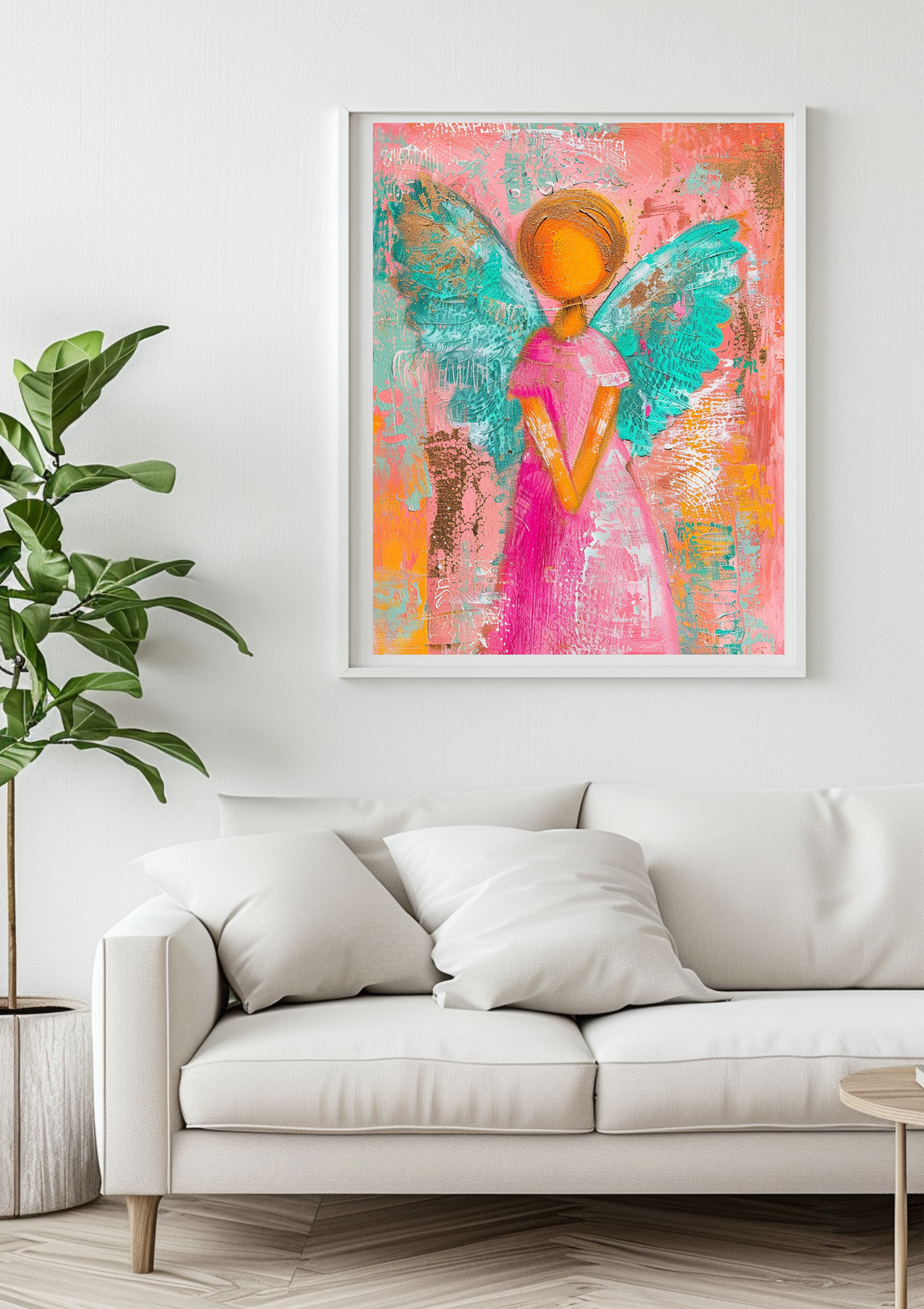 Engel Poster Bunt Abstract Türkis Pink Orange Wandbild Schutzengel Kunstdruck Spirituell Fröhlich Dekoration modernes Engel Poster