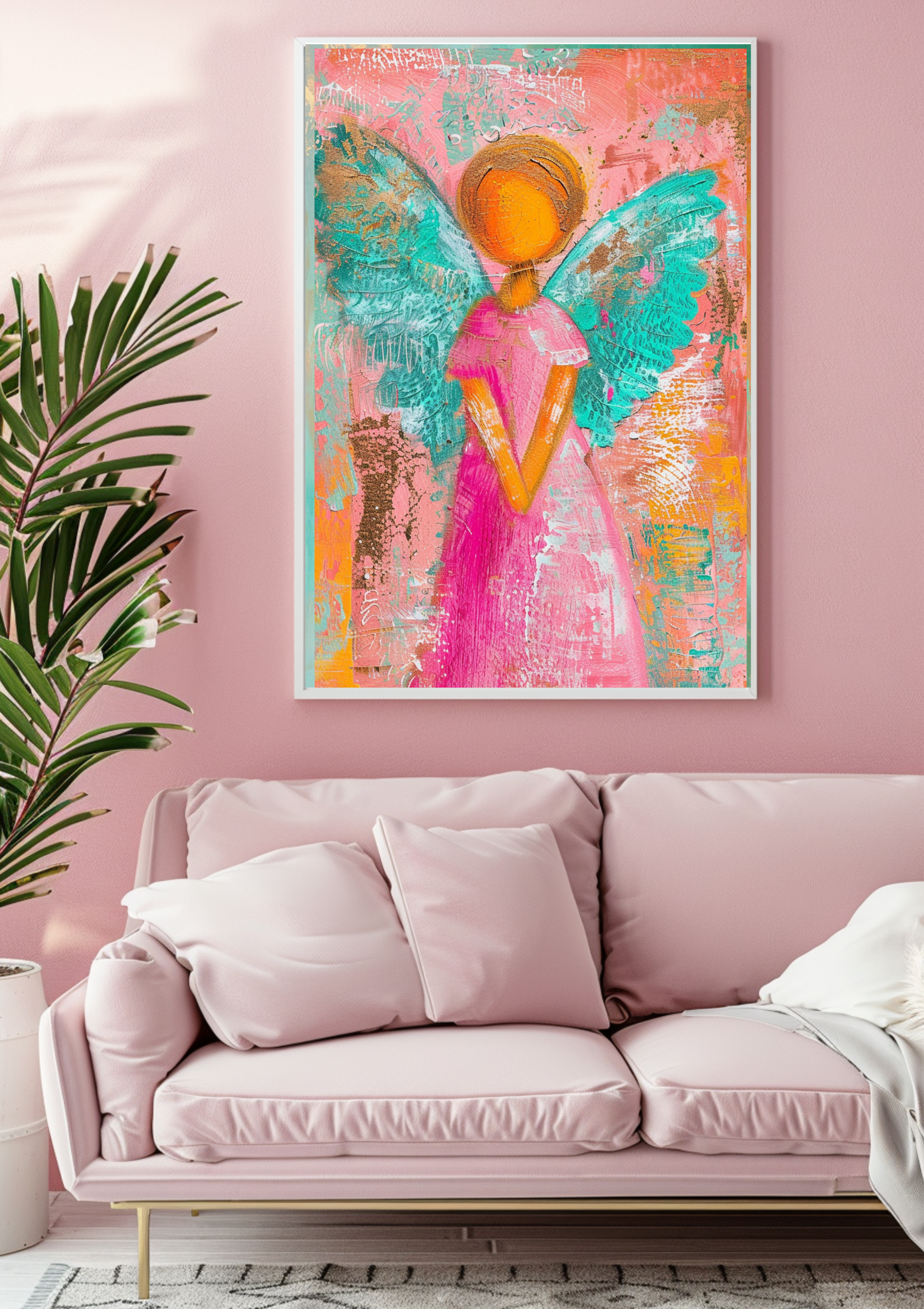 Engel Poster Bunt Abstract Türkis Pink Orange Wandbild Schutzengel Kunstdruck Spirituell Fröhlich Dekoration modernes Engel Poster