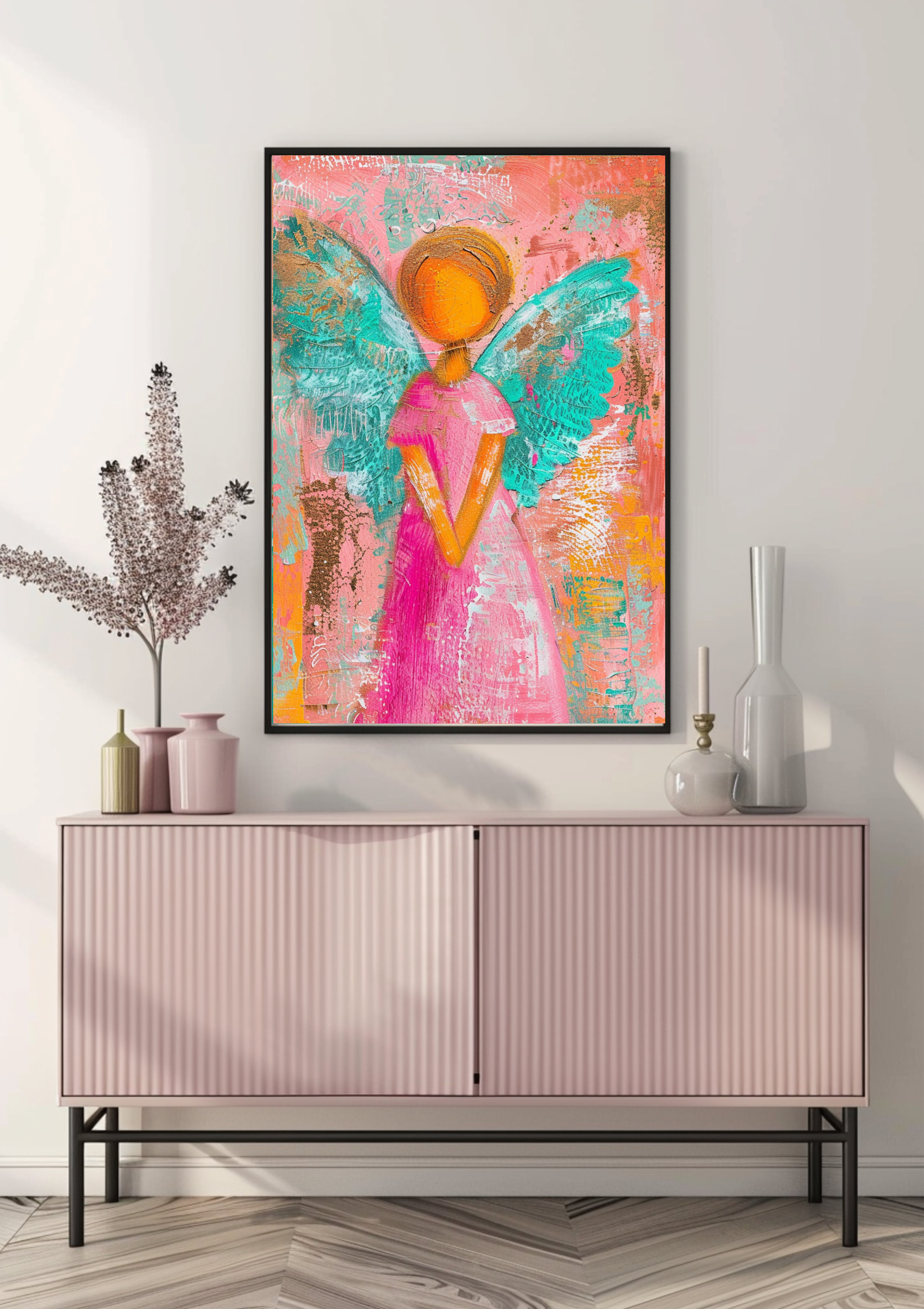 Engel Poster Bunt Abstract Türkis Pink Orange Wandbild Schutzengel Kunstdruck Spirituell Fröhlich Dekoration modernes Engel Poster