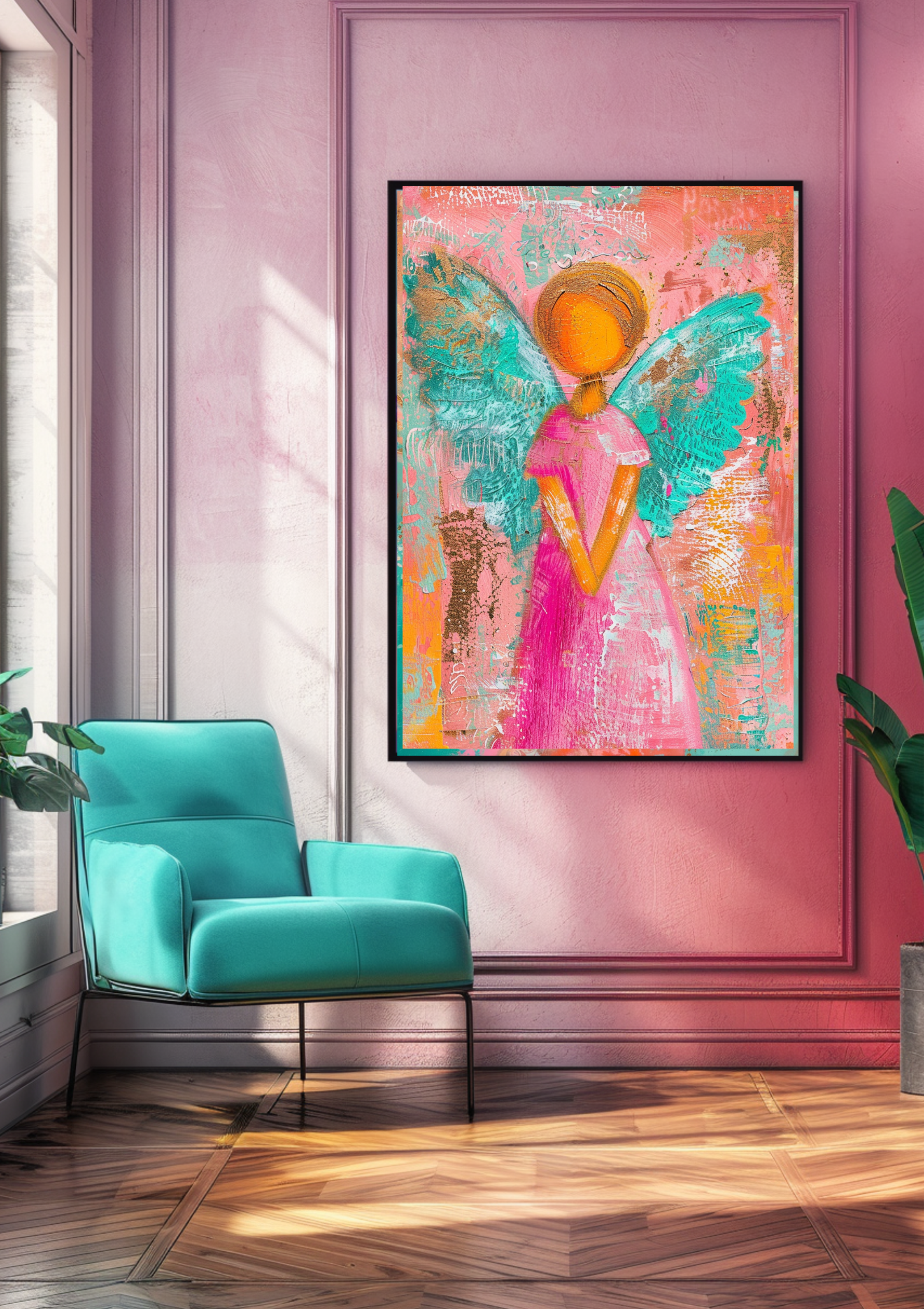 Engel Poster Bunt Abstract Türkis Pink Orange Wandbild Schutzengel Kunstdruck Spirituell Fröhlich Dekoration modernes Engel Poster
