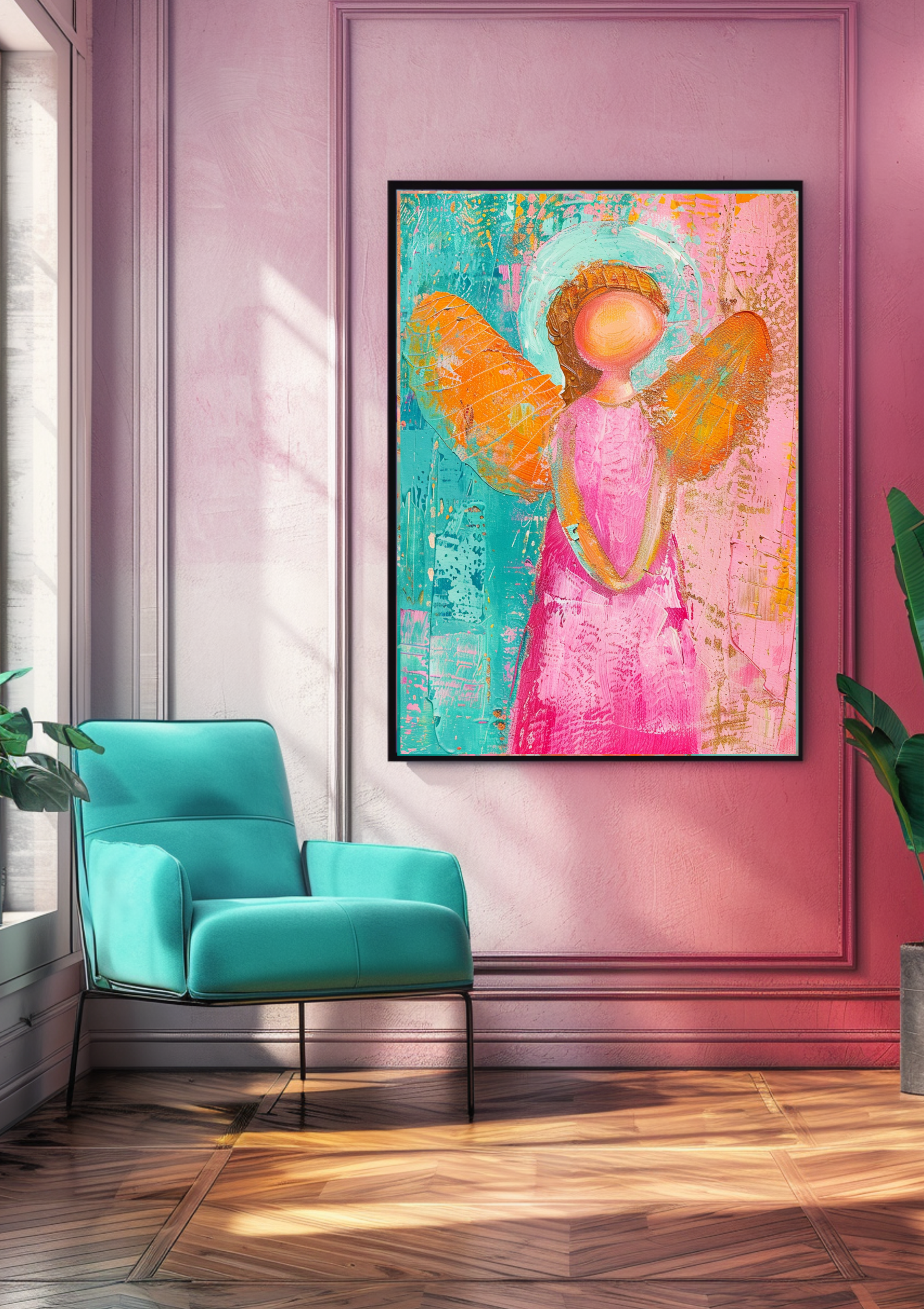 Engel Poster Bunt Orange Türkis Pink Wandbild Fröhlich Schutzengel Kunstdruck Spirituell Lebensfreude