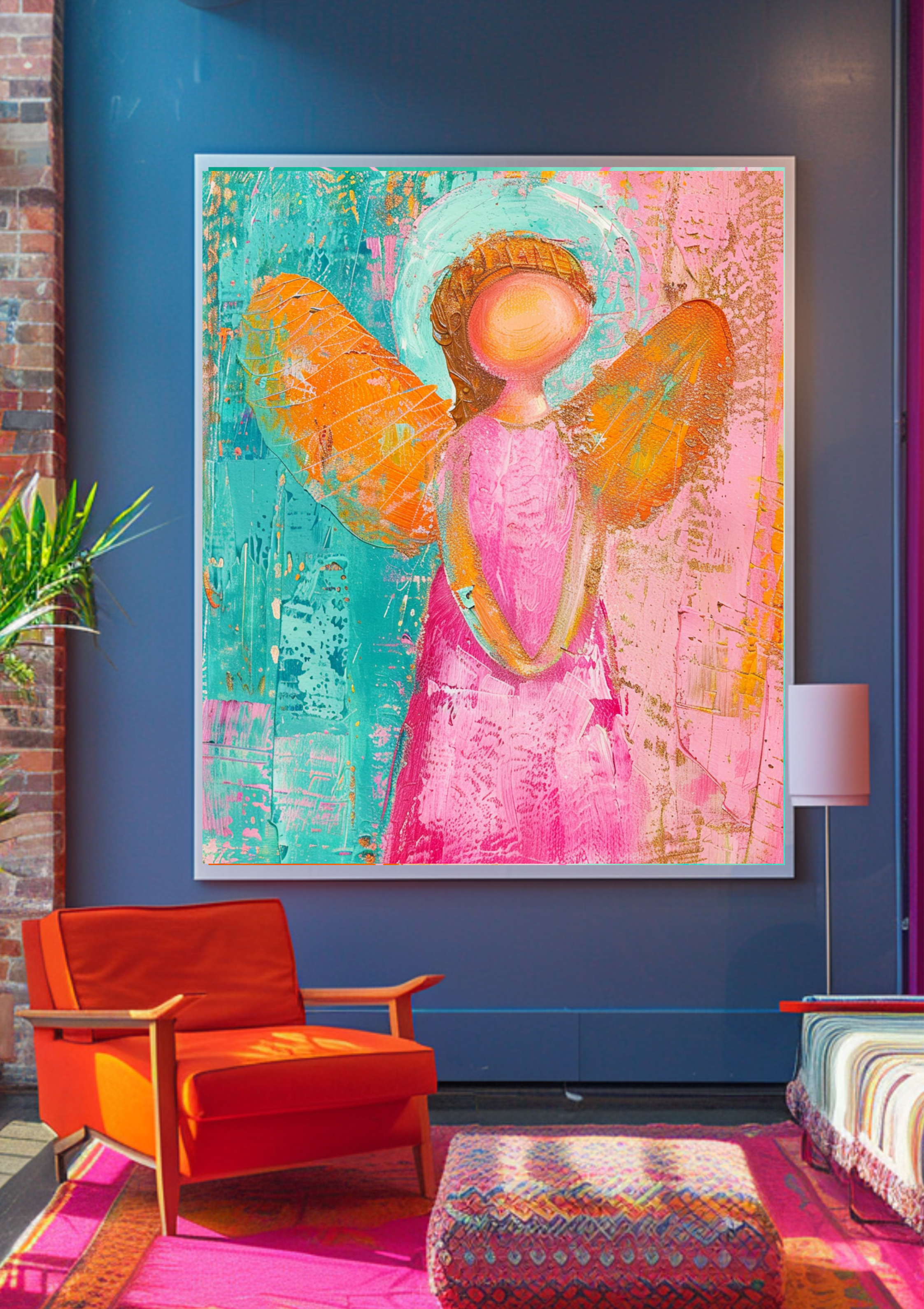 Engel Poster Bunt Orange Türkis Pink Wandbild Fröhlich Schutzengel Kunstdruck Spirituell Lebensfreude