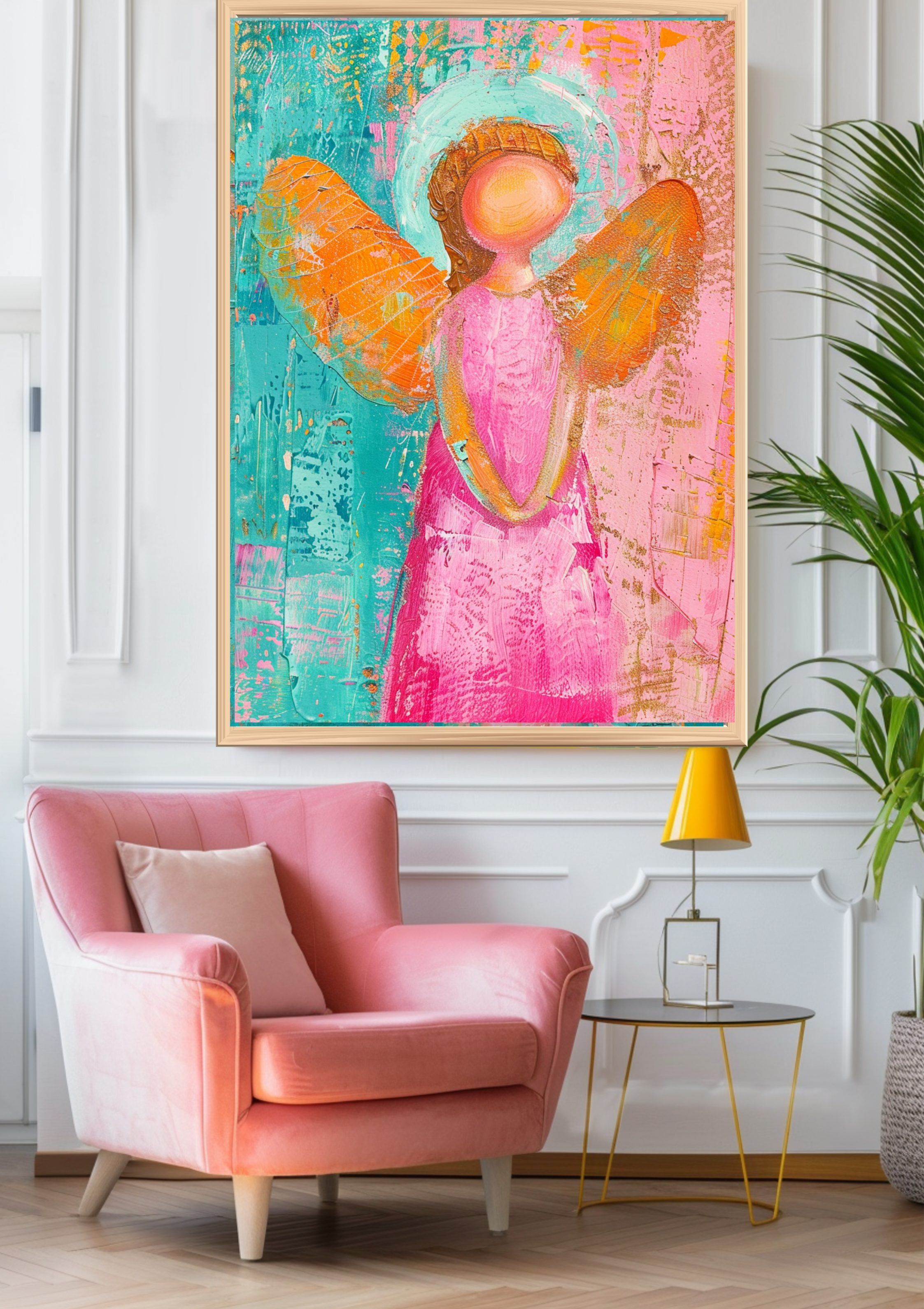 Engel Poster Bunt Orange Türkis Pink Wandbild Fröhlich Schutzengel Kunstdruck Spirituell Lebensfreude