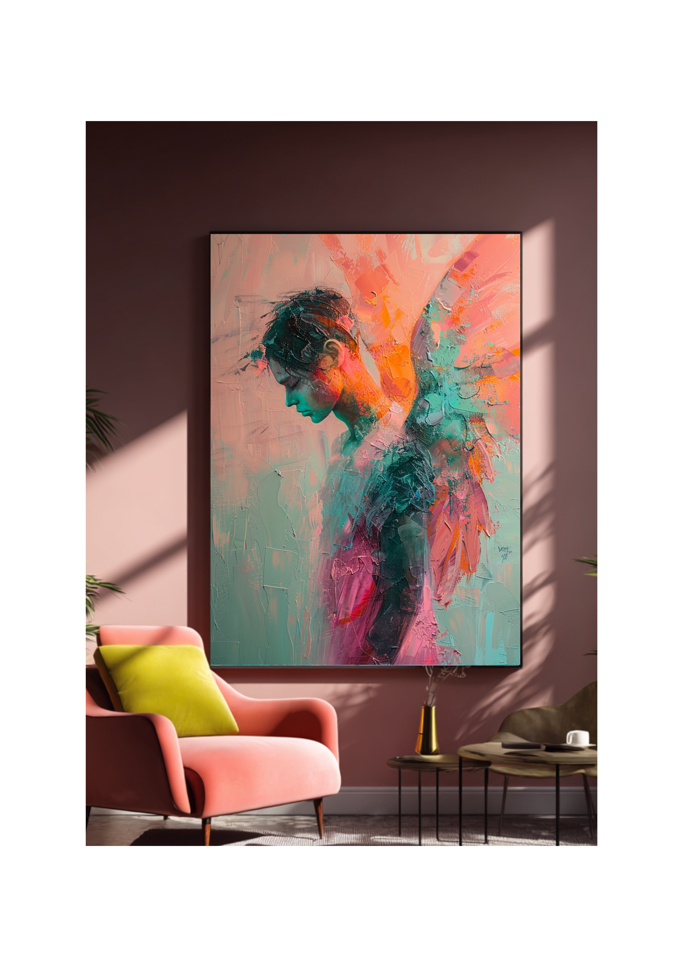 Engel Poster Abstract Türkis Orange Pink Wandbild Modern Schutzengel Kunstdruck Spirituell Expressiv
