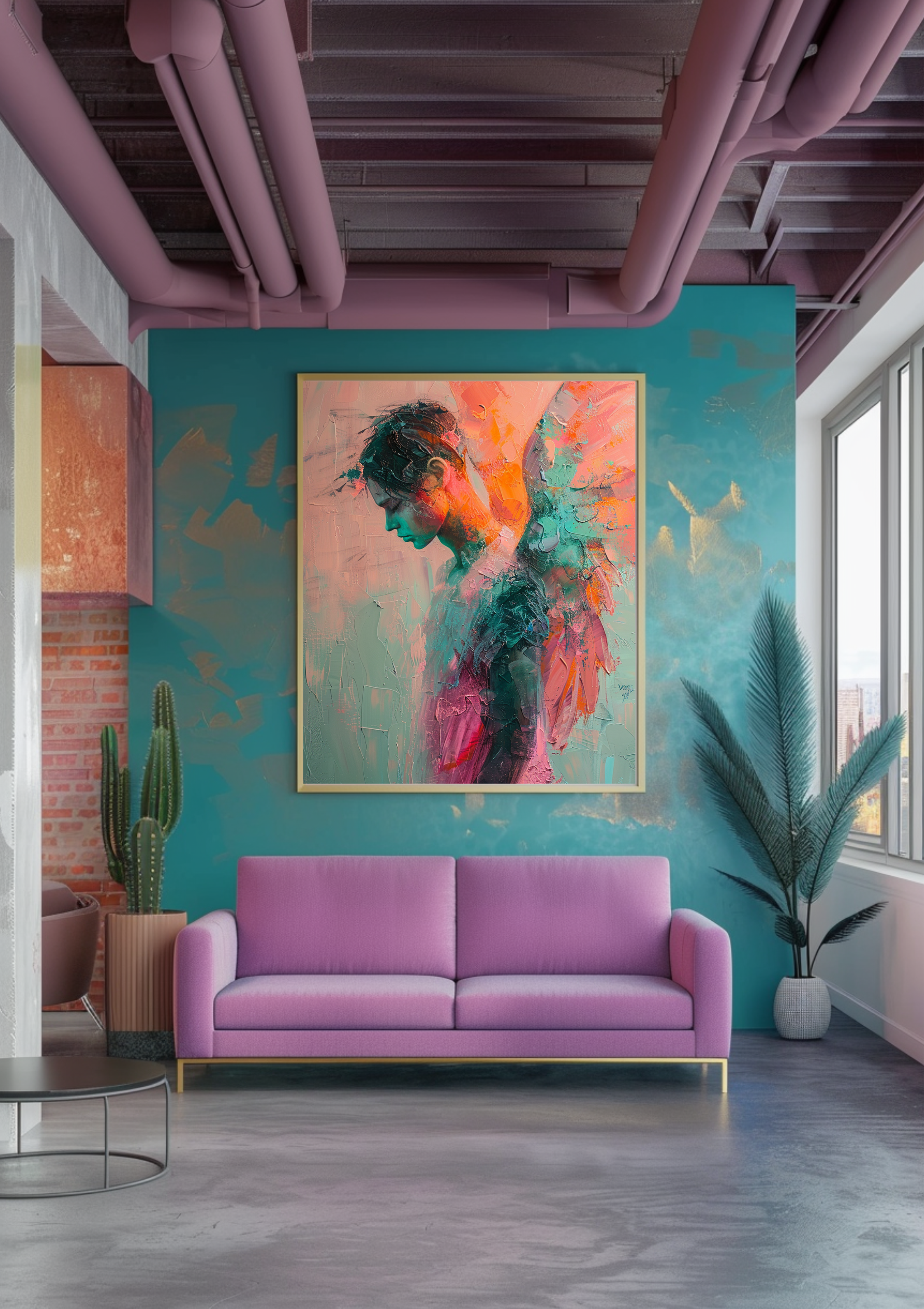 Engel Poster Abstract Türkis Orange Pink Wandbild Modern Schutzengel Kunstdruck Spirituell Expressiv