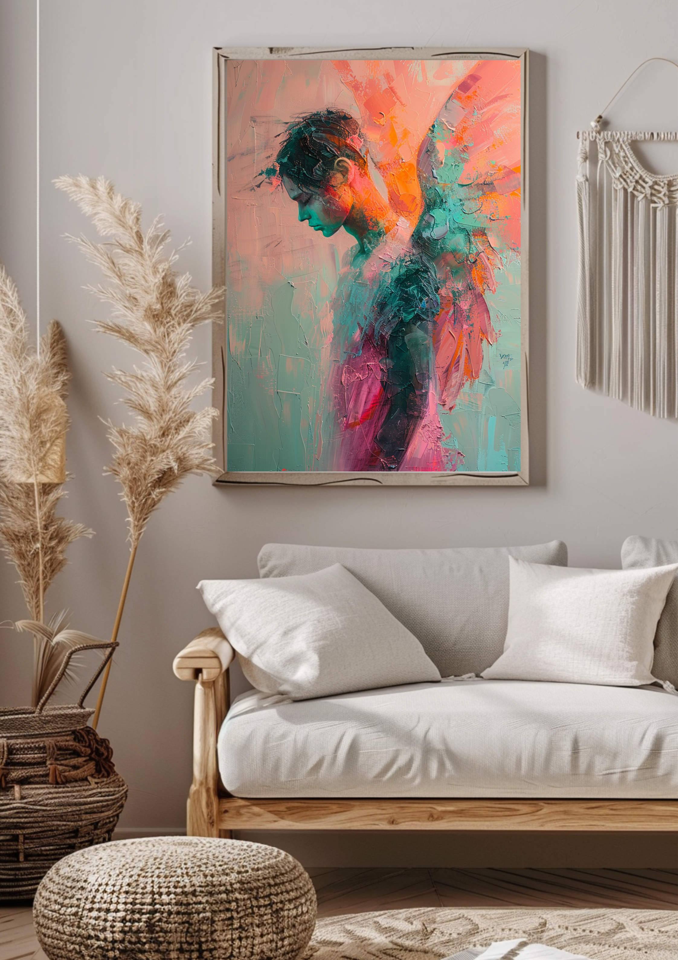 Engel Poster Abstract Türkis Orange Pink Wandbild Modern Schutzengel Kunstdruck Spirituell Expressiv