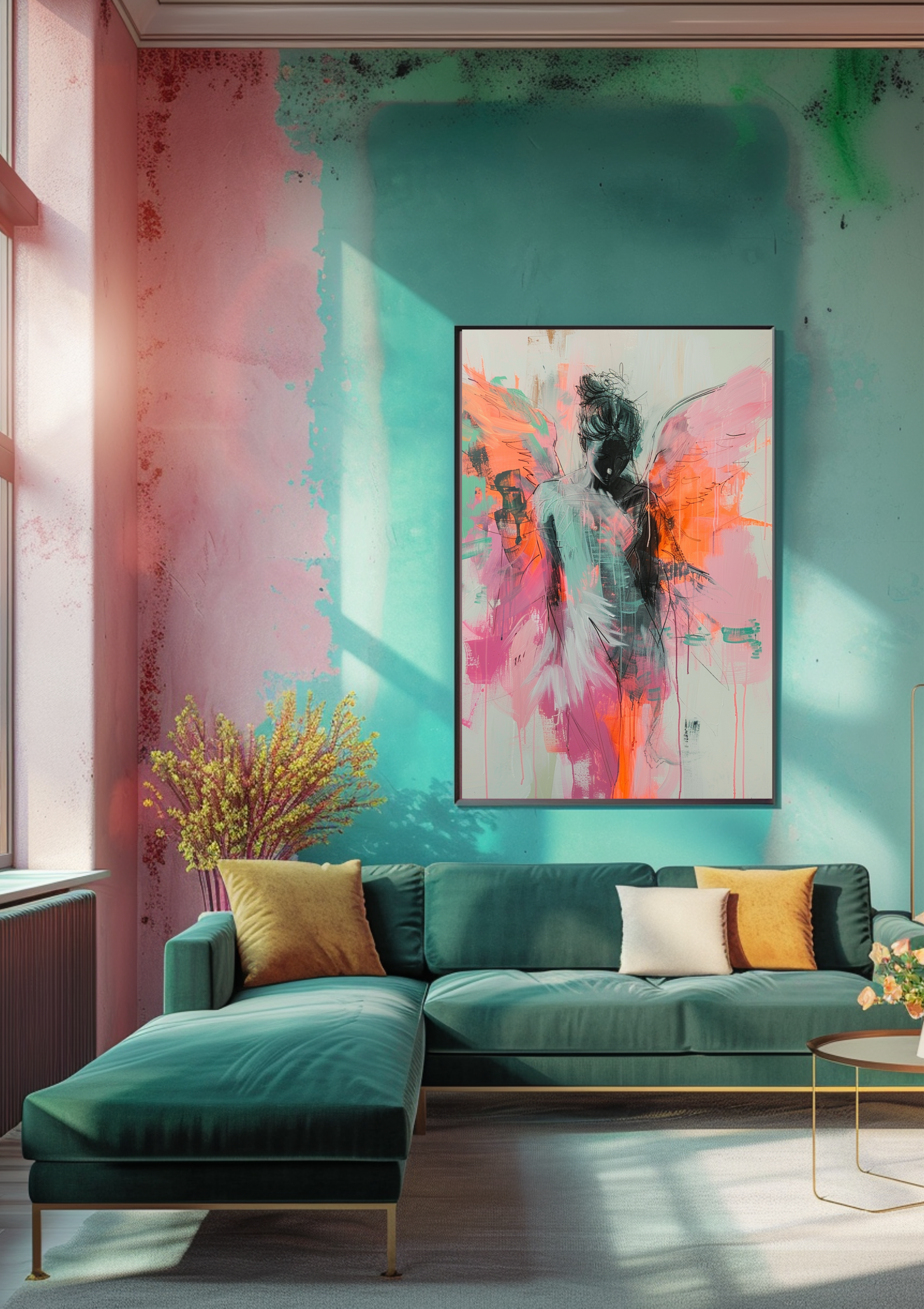 Engel Poster Abstract Pink Türkis Wandbild Schutzengel Kunstdruck Spirituell Sanft Pastellfarben Dekoration