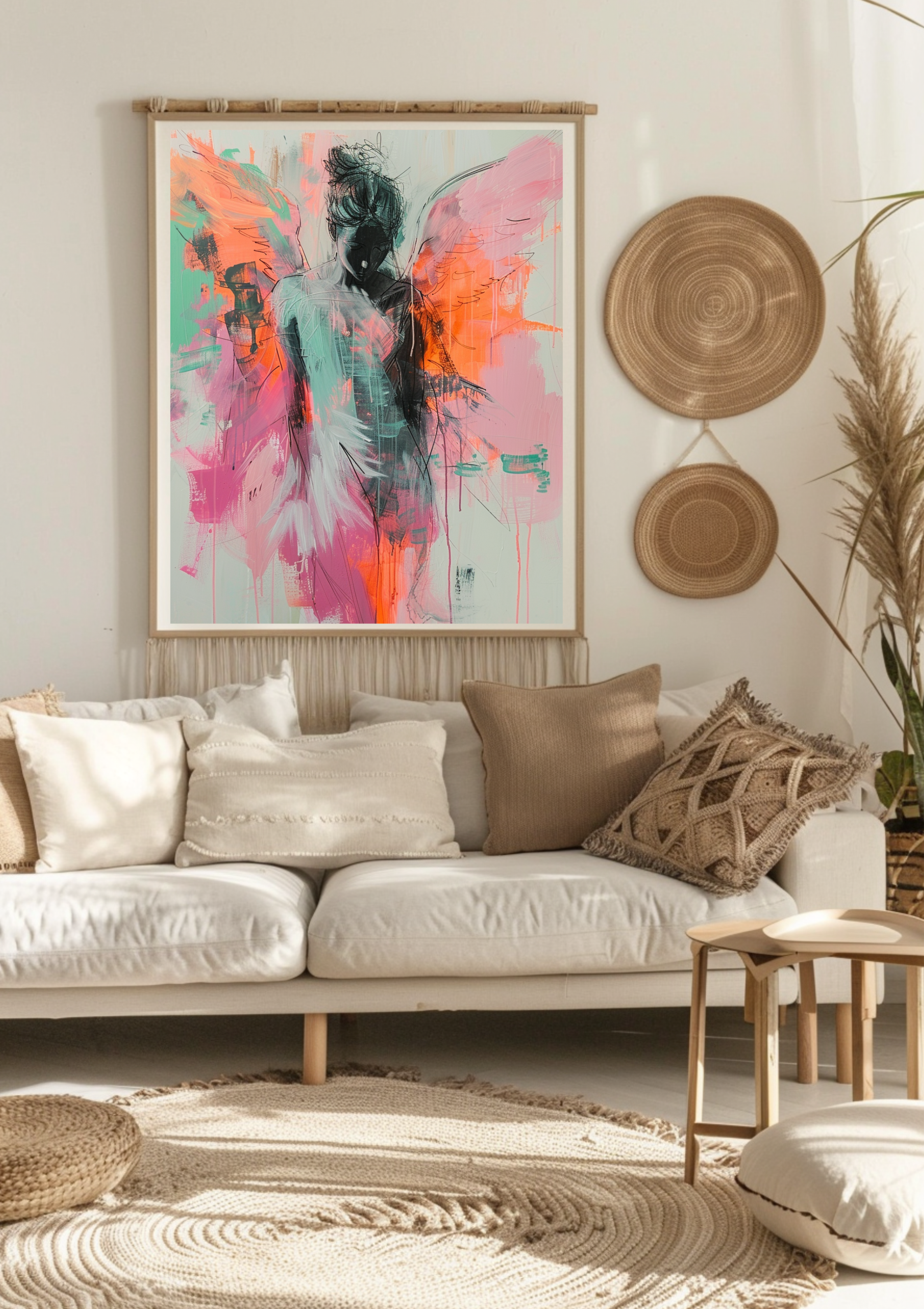 Engel Poster Abstract Pink Türkis Wandbild Schutzengel Kunstdruck Spirituell Sanft Pastellfarben Dekoration