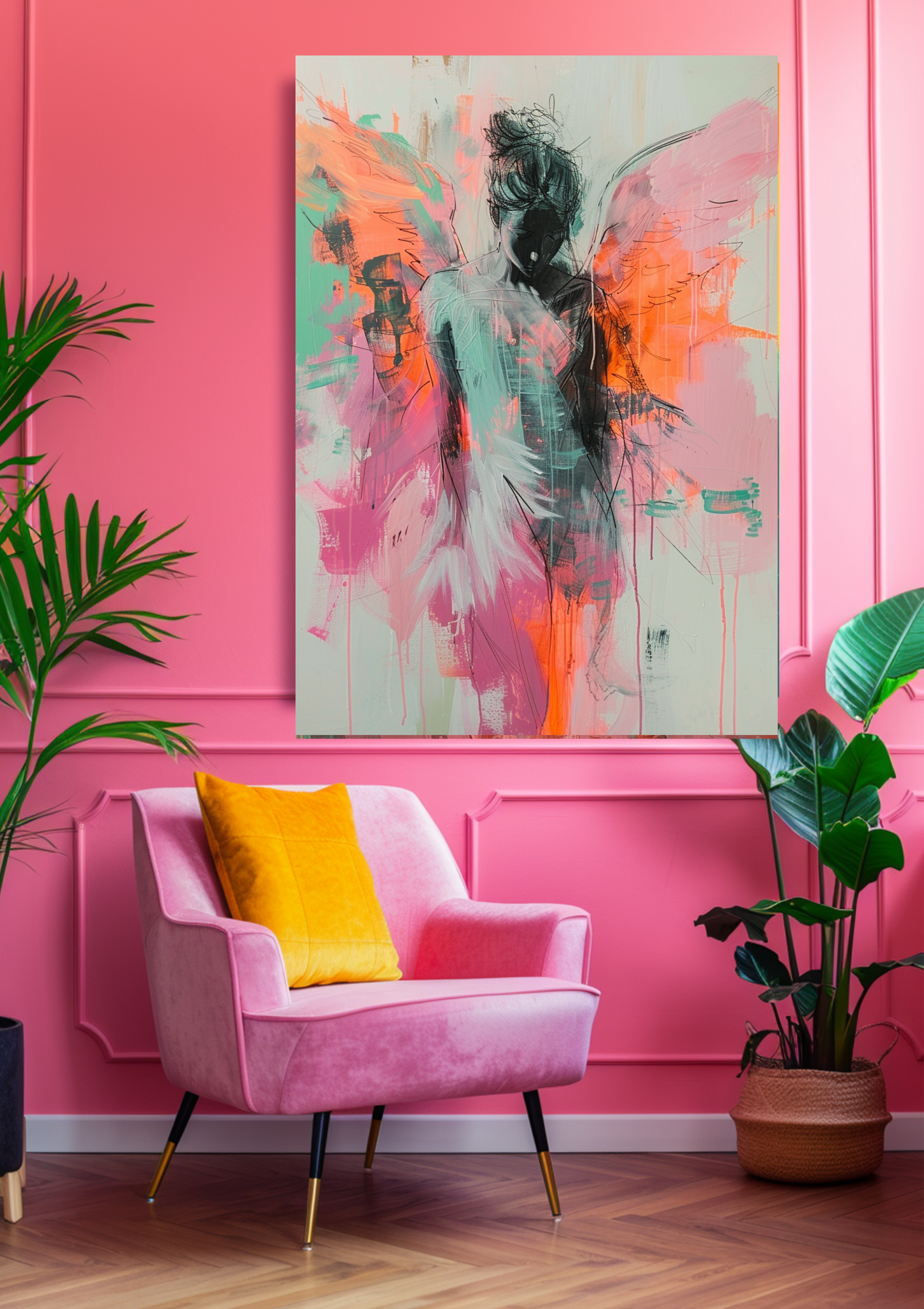 Engel Poster Abstract Pink Türkis Wandbild Schutzengel Kunstdruck Spirituell Sanft Pastellfarben Dekoration