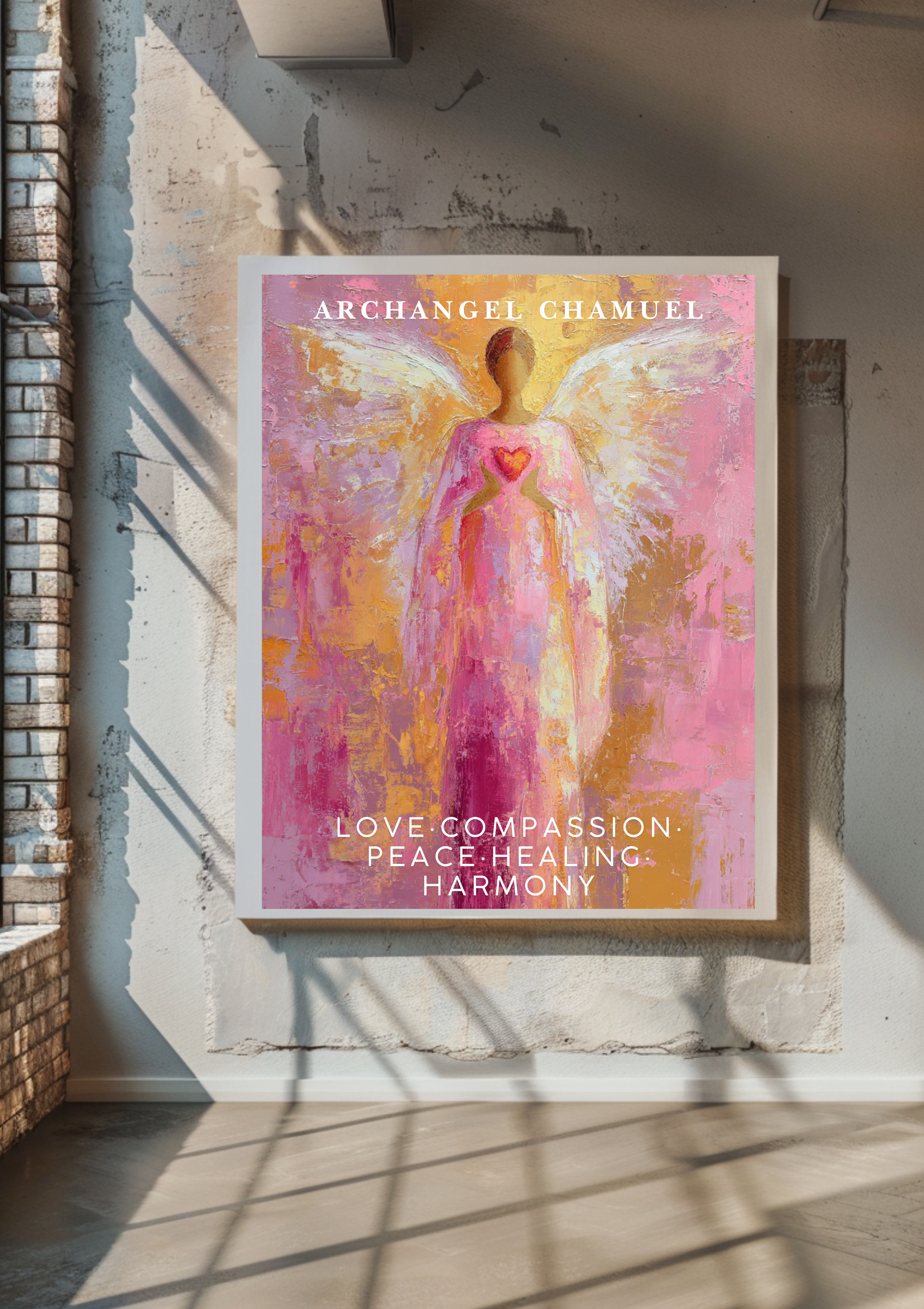 Erzengel Chamuel Poster | Liebe & Mitgefühl | Spirituelle Wanddeko | Rosa Engel Kunstdruck | Heilung Harmonie